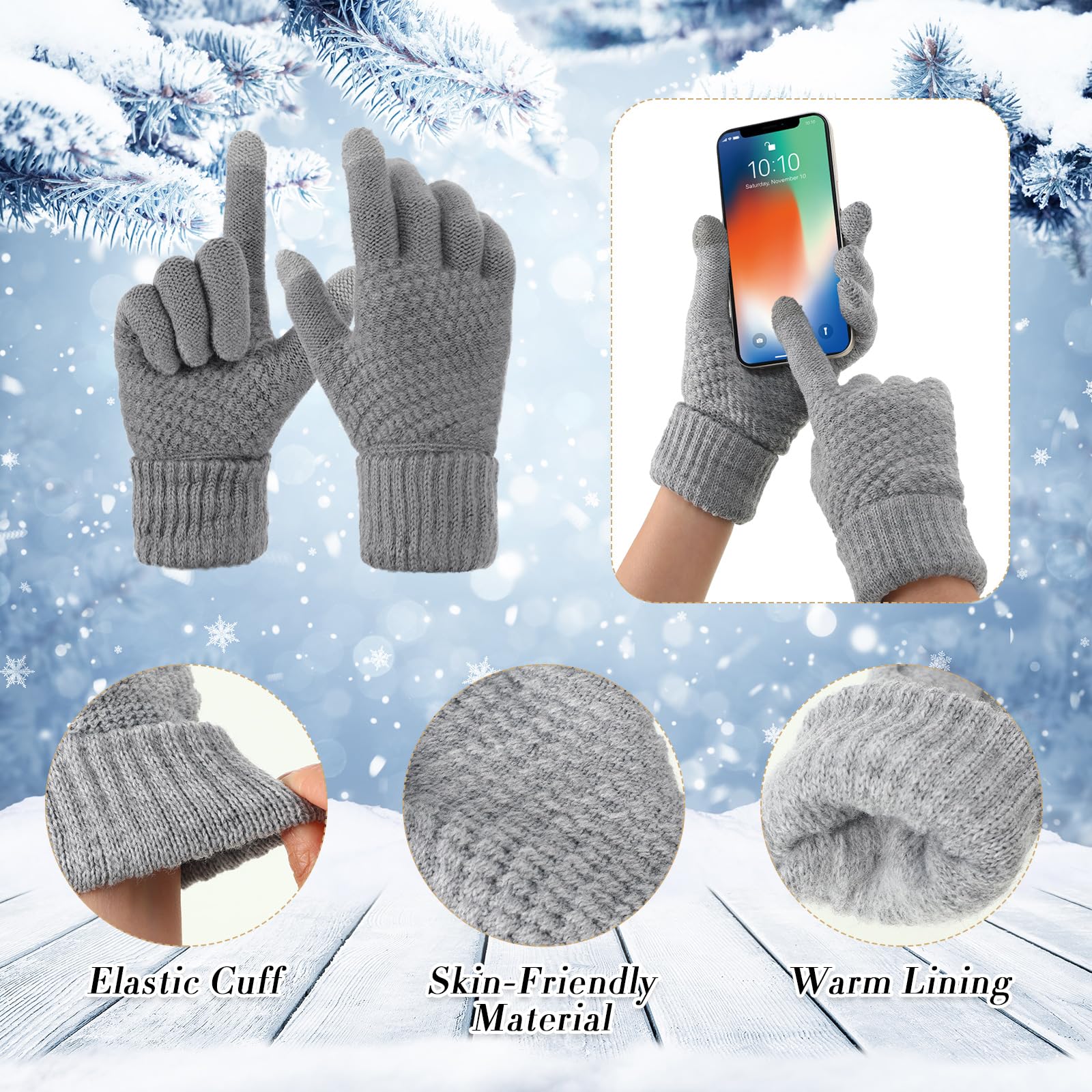 Liitrsh Juego de 12 gorros de invierno para mujer, gorro, bufanda, guantes de punto, calentador de cuello, guantes para pantalla táctil, cómodos, suaves y cálidos