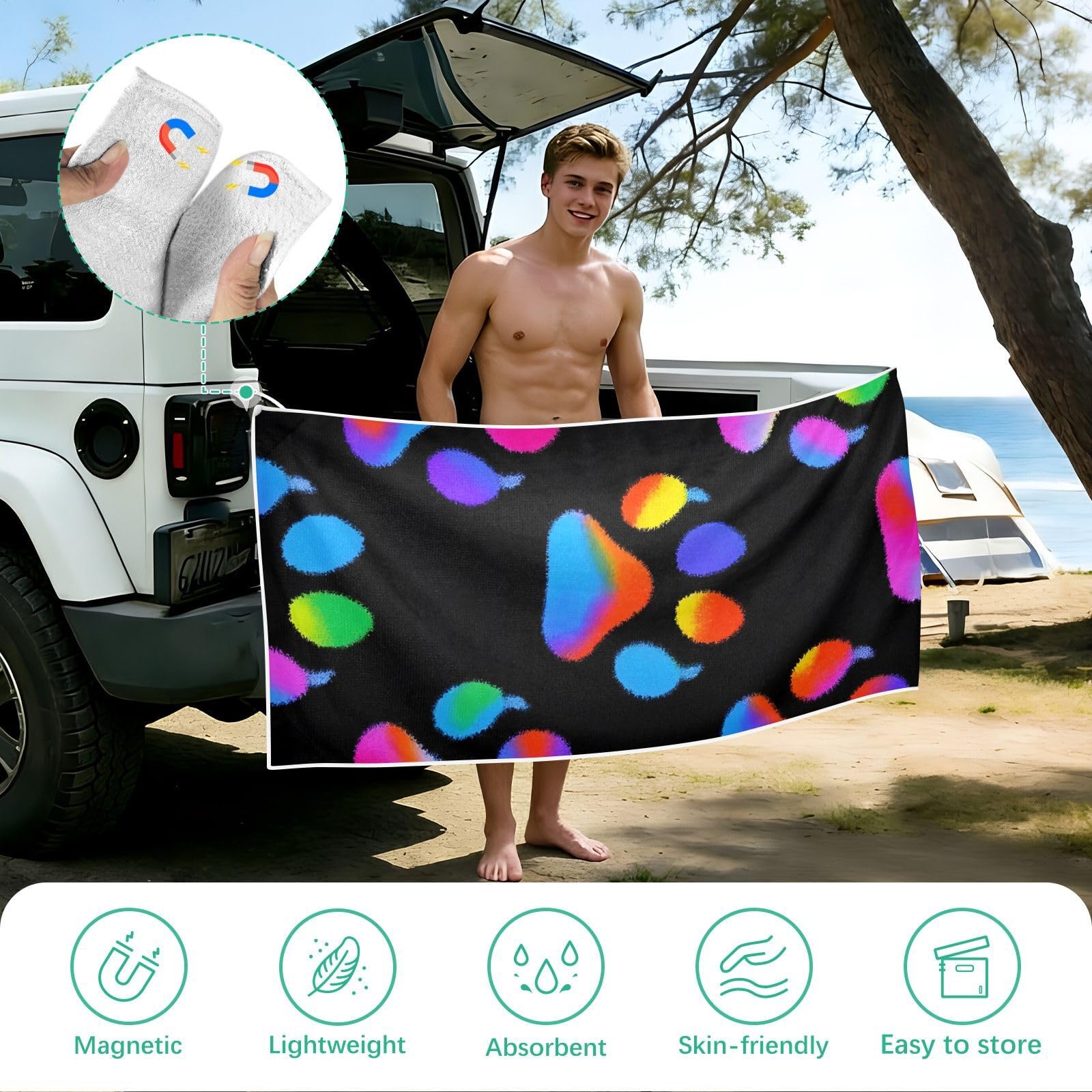 Toallas de playa grandes con bolsas de malla para adultos, toalla de baño de pata de perro neón con cierre magnético, toalla absorbente de secado rápido para piscina, camping y viajes, 190 x 80