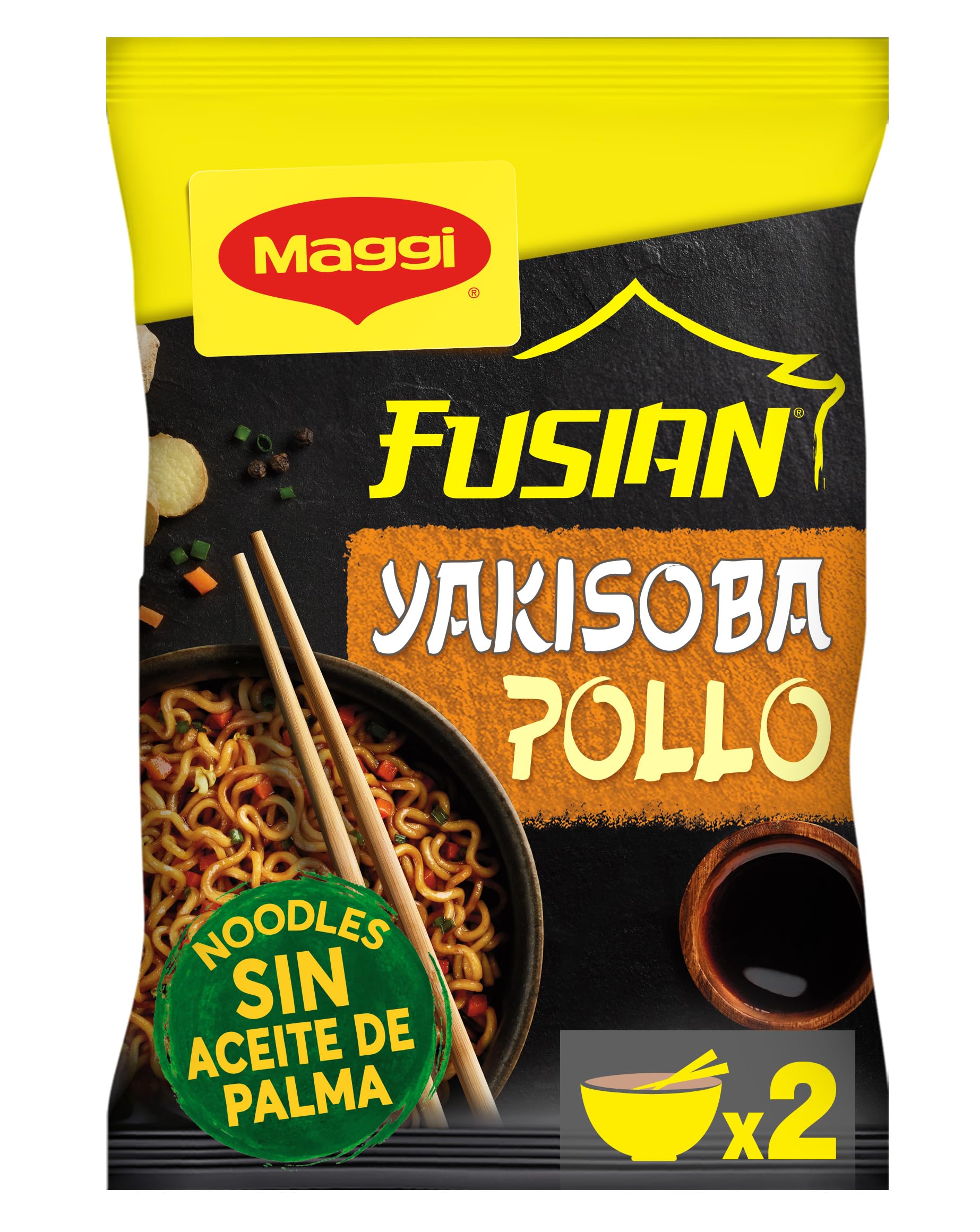 MAGGI Fusian Yakisoba Pollo - Noodles de trigo con salsa, hortalizas deshidratadas y condimiento sabor a pollo - Pack de 8 x 120g