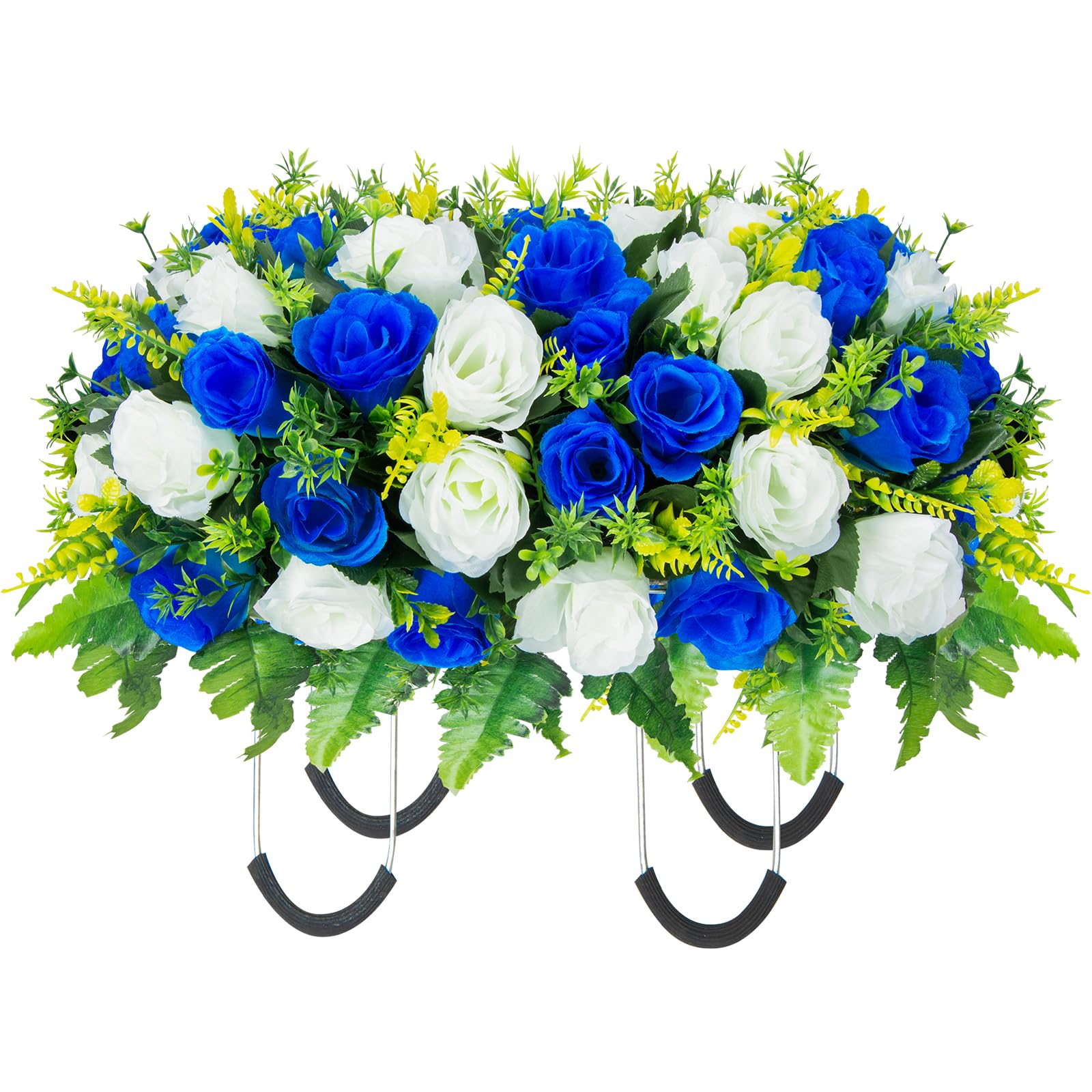 Artificial Headstone Flower Saddle, Cemetery Flowers for Graveside, Memorial Grave Flowers for Cemetery Tombstone Headstone Decoration (Blue with White) image 3