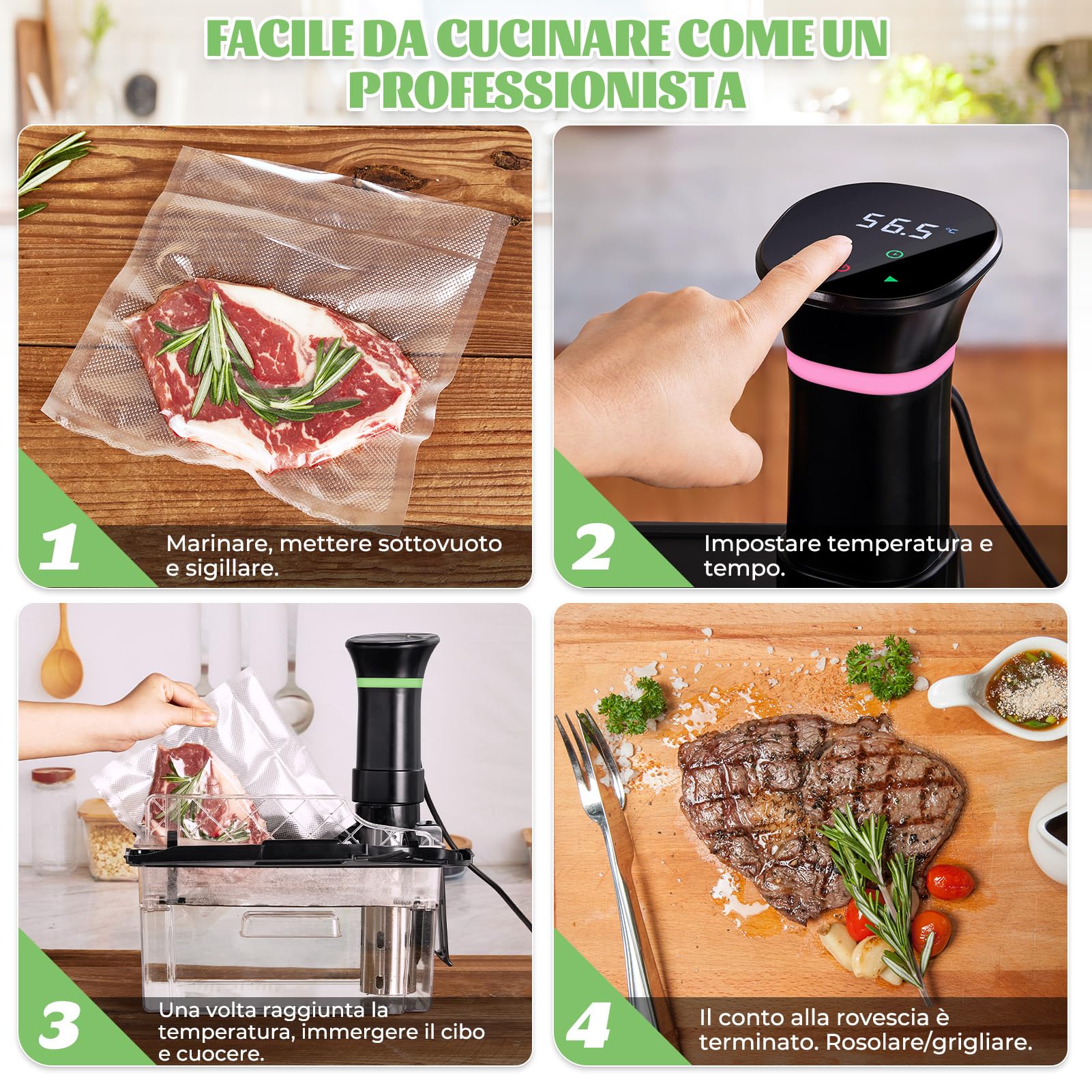 Roner Sous Vide Professionale Cucina a Bassa Temperatura 1000W 25-92,5℃ Timer LCD