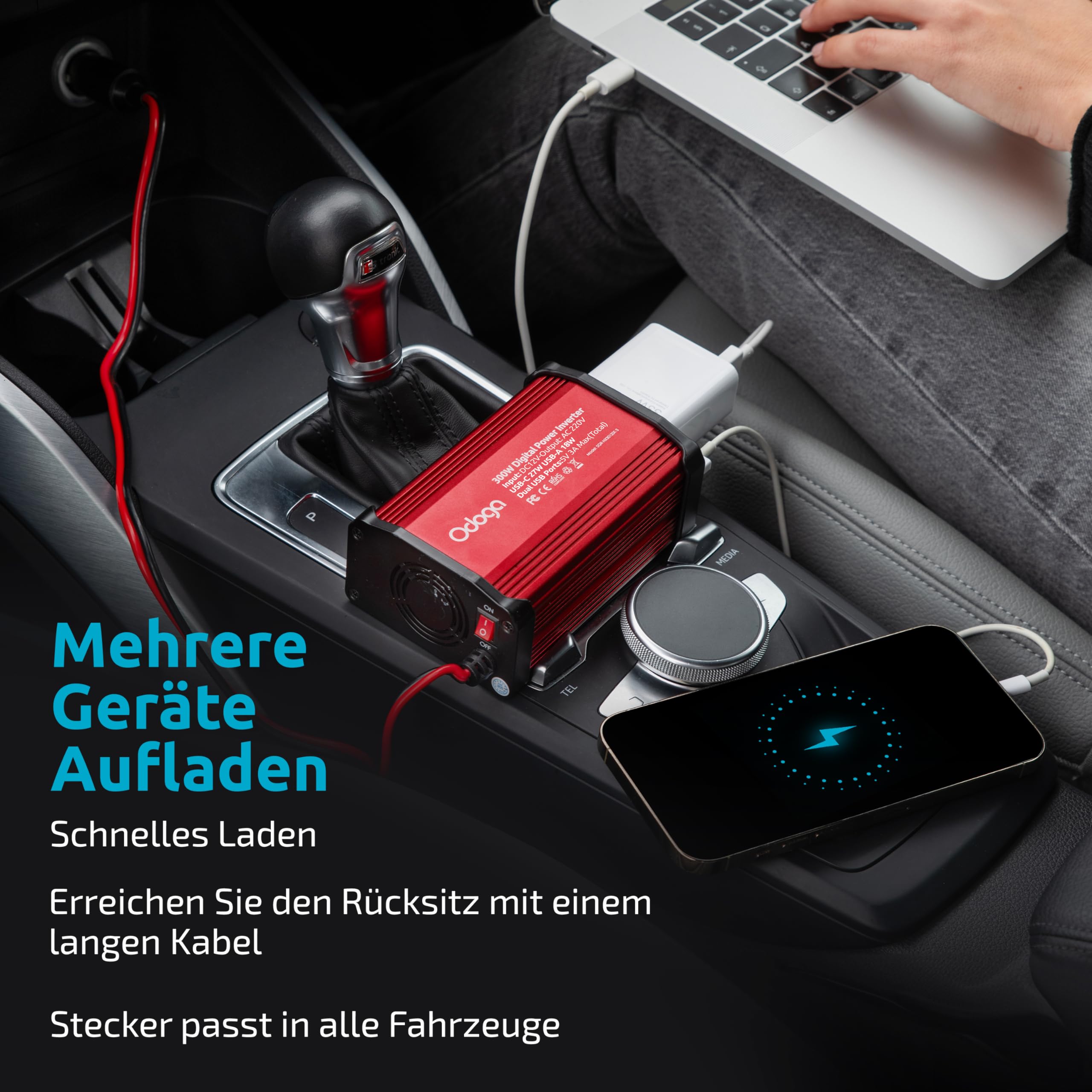 Odoga Wechselrichter 12V auf 230V – 300 W Spannungswandler, Stromwandler mit 3A USB-C und USB-A Anschluss, Inverter 12V 220V, Auto Steckdose, Laden Sie Ihr Laptop, iPad, iPhone, Tablet Und Mehr