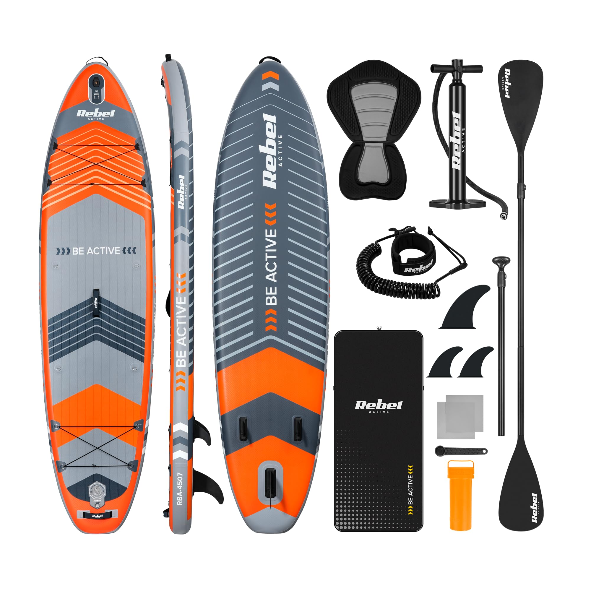 Rebel Brett SUP gepumpt mit Schwimmsitz Drop-Stitch 335 cm Set Paddel Pumpe Rucksack RBA-4507-OR