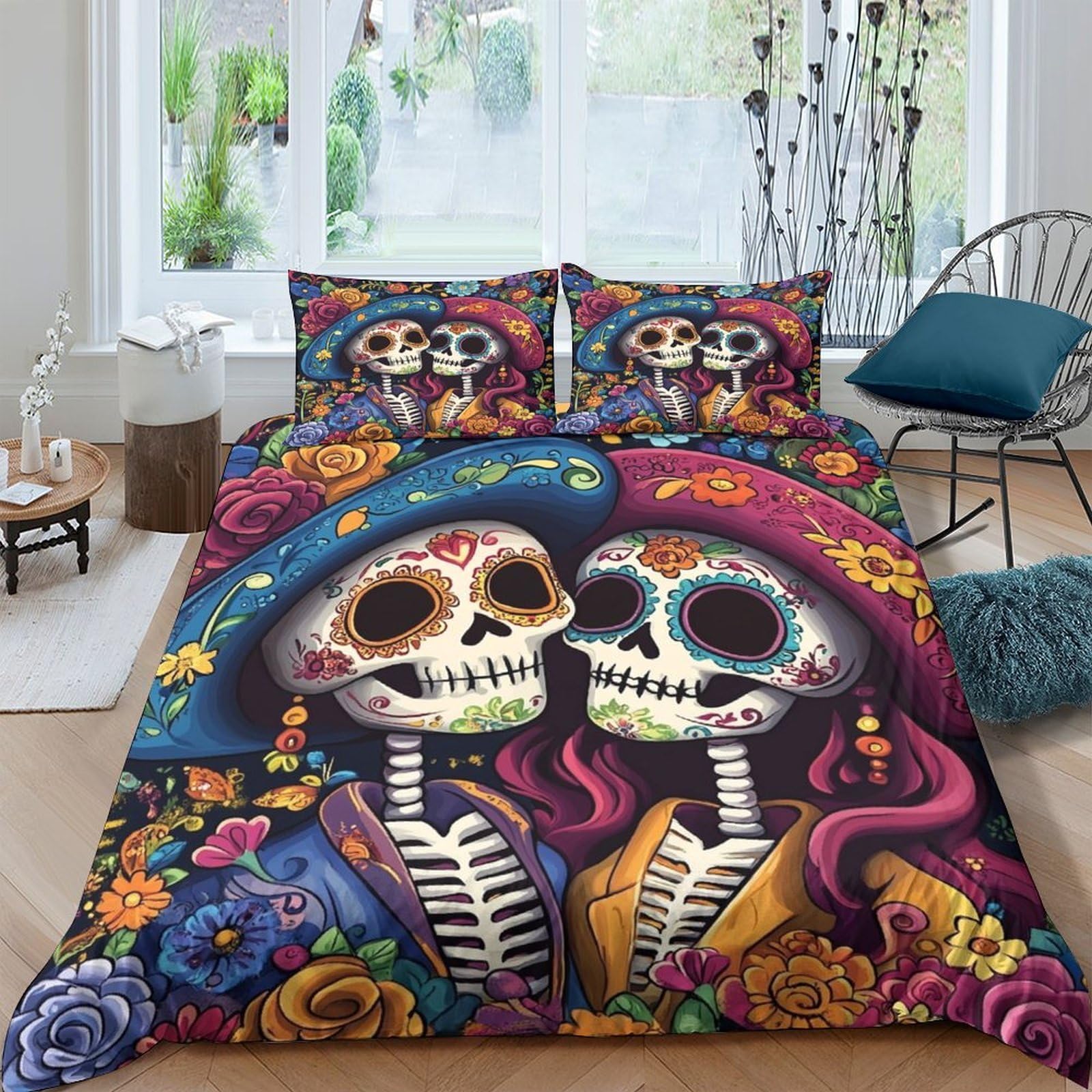 Ctjqhvkz Style-2 3D Printed Colorful Sugar Skull Fitted Sheet Microfiber For Bedroom Art Decor, Floral Skeleton Mattress Cover Single（135X200cm）
