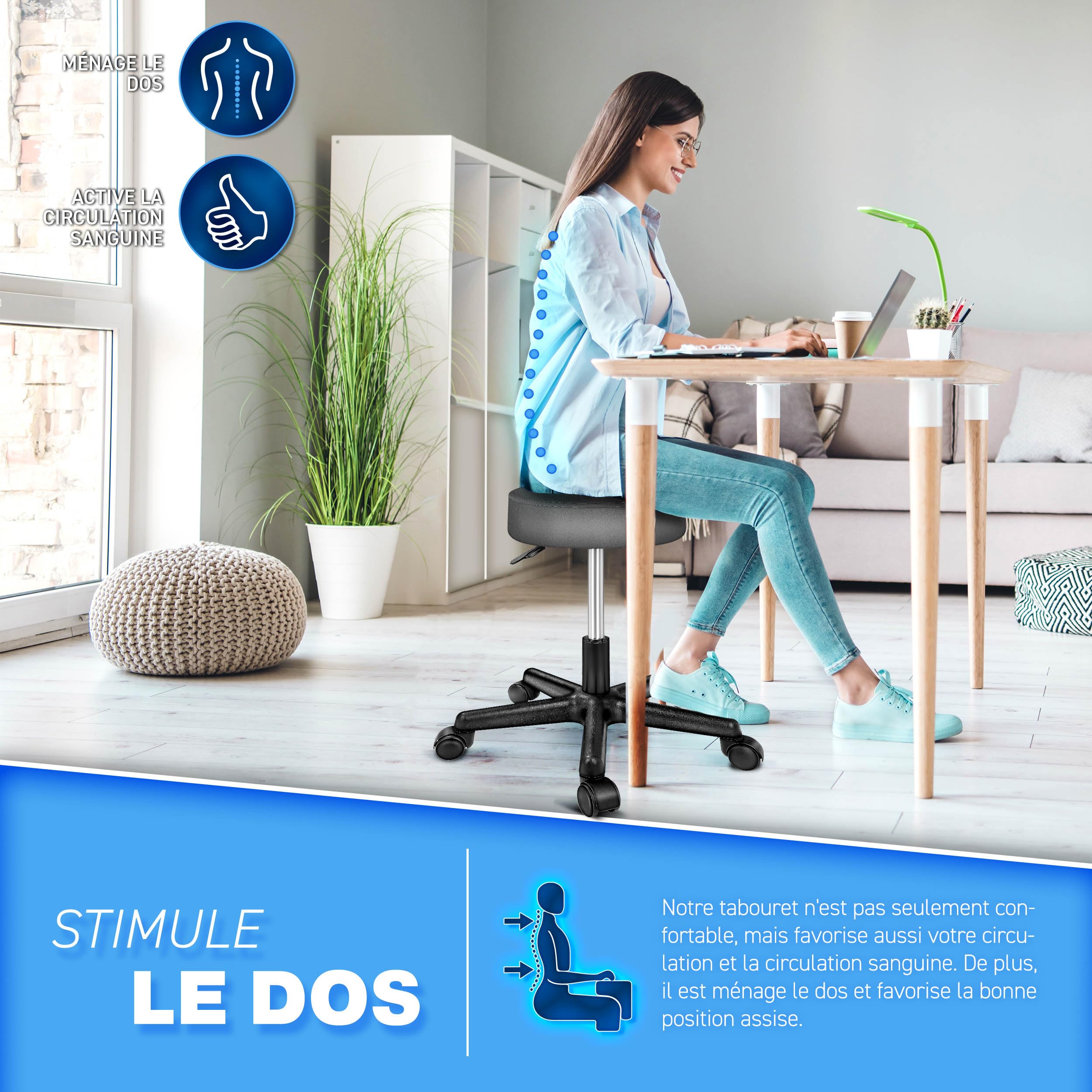 TRESKO Tabouret de Travail Tabouret à roulettes siège pivotant par 360 degrés, Rembourrage de 10 cm, de 8 Couleurs différentes (Gris)