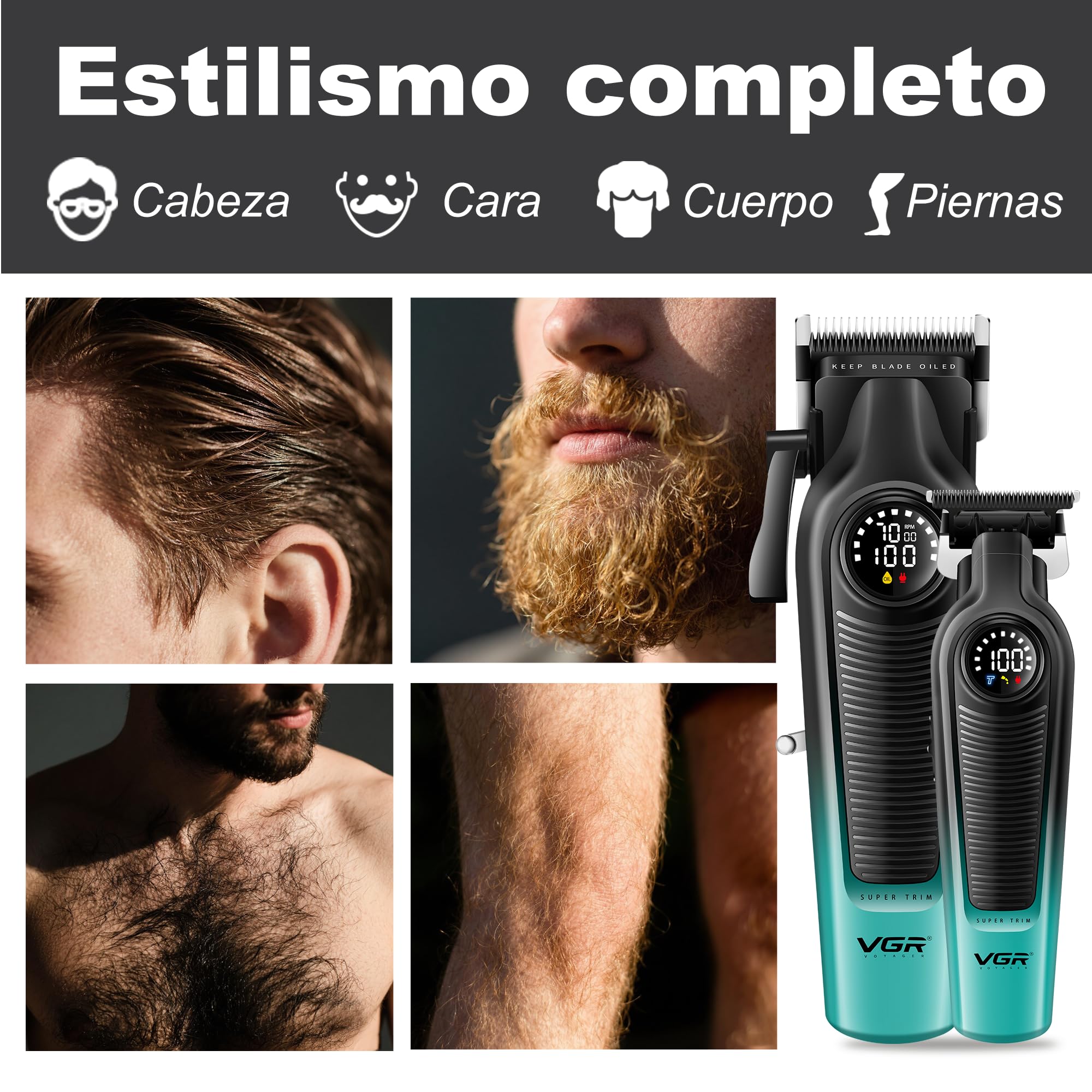 VGR 196 & 996 Set de Maquina Cortar Pelo Profesional, Kit de Maquina, Verde | Cortar Pelo Hombre Inalámbrico con Cuchillas de Cerámica Recubiertas de Titanio, Pantalla LED, 10 Peine Guías y 1 Peine