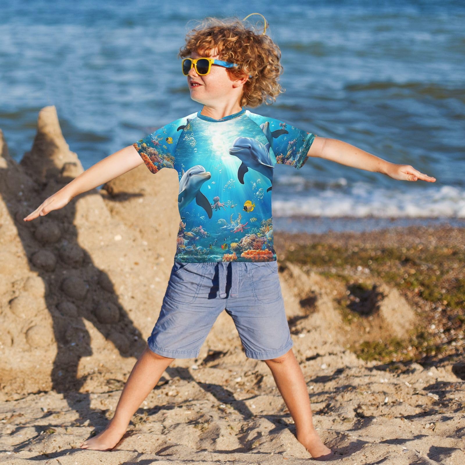 Boys Sun Shirts UV Protection Short Sleeve Rash Guard Swim Shirt Dolphin Water Shirt Rashguard 11-12T,0122