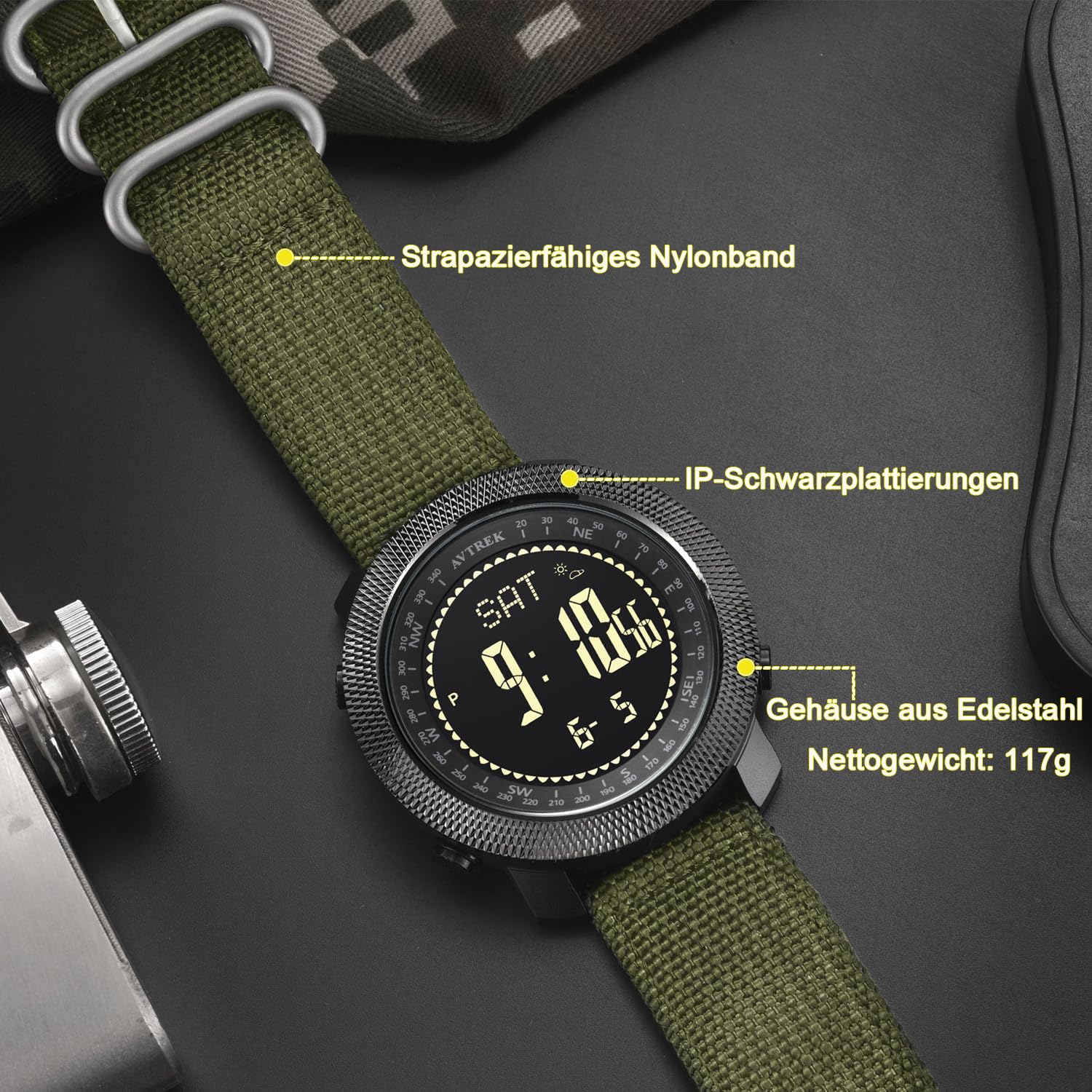 AVTREK Montre militaire numérique pour homme, montre de sport avec boussole, température, podomètre, montre de sport, tactique, de survie, avec rétroéclairage, alarme (vert)
