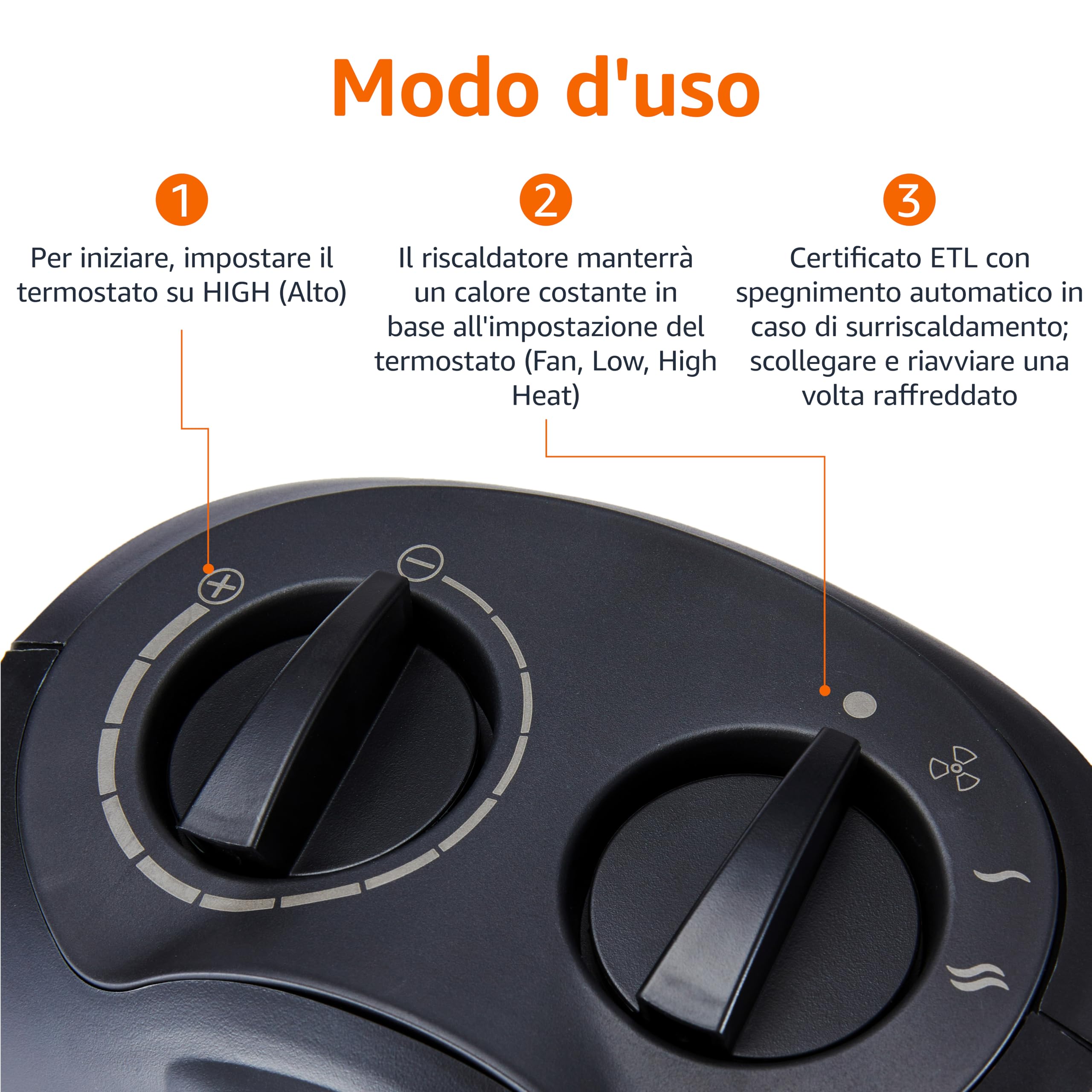 Amazon Basics Termoventilatore in ceramica da 1800 Watt con termostato regolabile - Nero