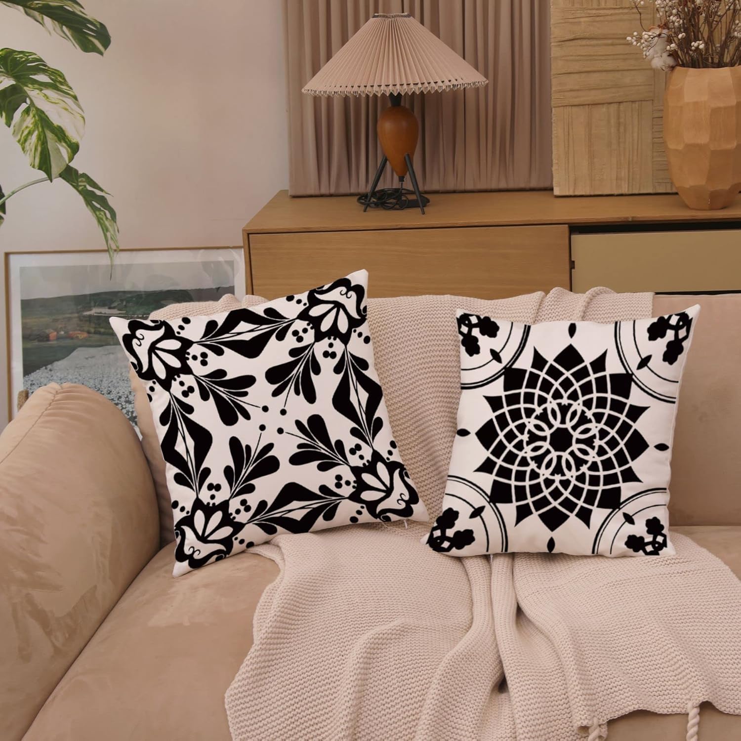 Geometric Black Flower Decorative Throw Pillow Covers 22 x 22 Inch, Set of 4 Abstract Black Flower Cushion Cover Square Pillow Cases for Couch Patio Sofa Home Decor