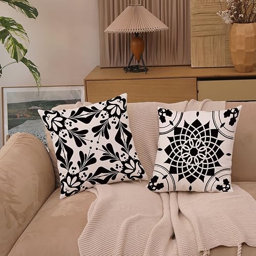 Miniatura 7 de GUHOO Juego de 4 fundas de almohada decorativas con diseño geométrico de flores negras de 16 x 16 pulgadas, fundas cuadradas para sofá, patio, sofá,