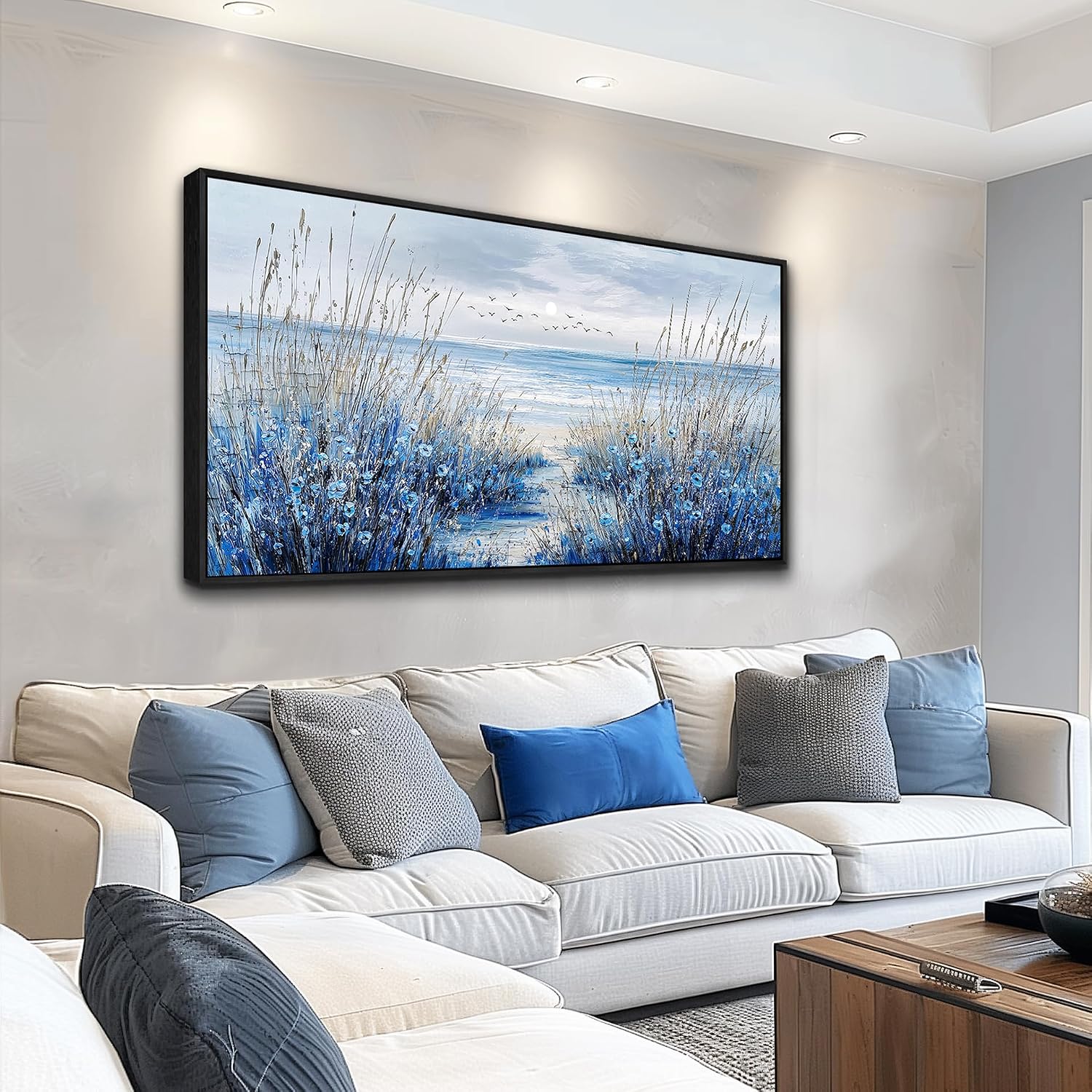 Canvas Wall Art for Living Room Black Frame Wall Decor for Bedroom Restaurant Kitchen Wall Decoration Blue Coastal Wildflower Beach Landscape Painting Artwork Aesthetic Home Decor 20x40 in