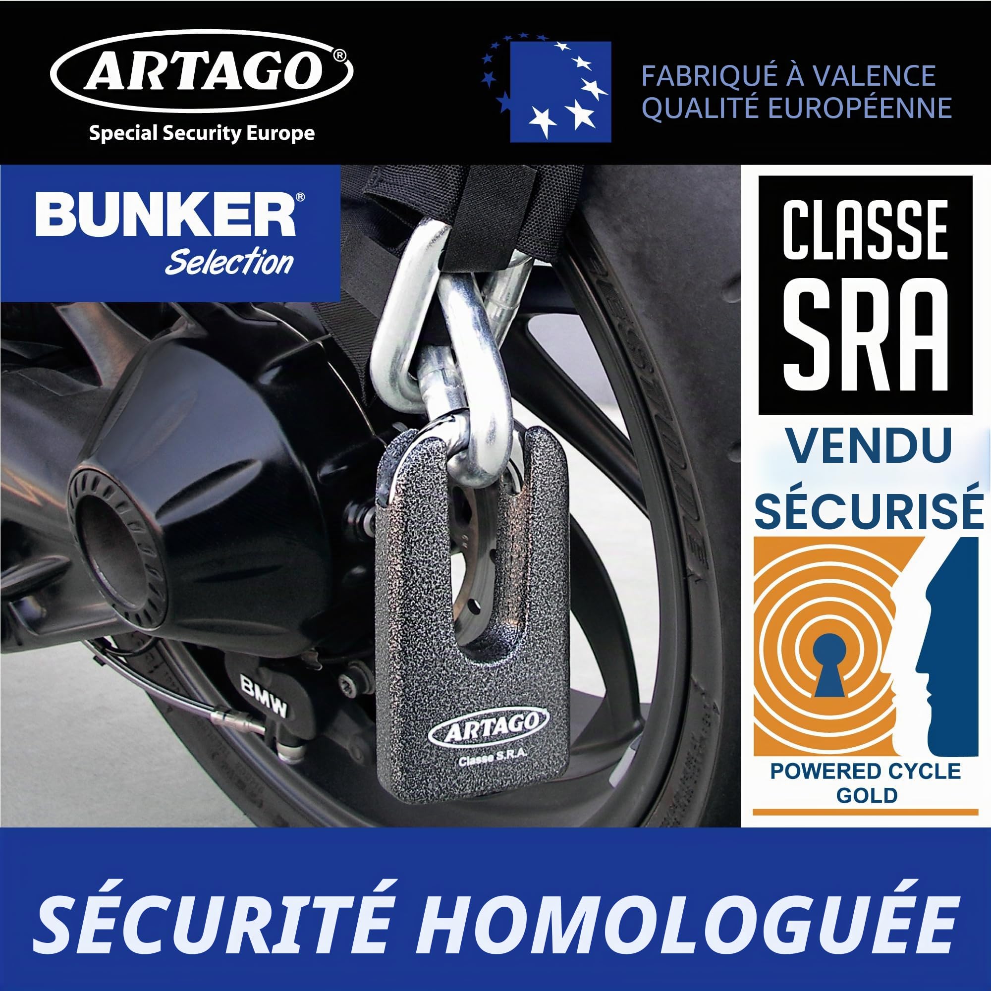 Artago 69T120 Chaine Antivol Moto Lourde + Mini U, Sécurité Maximale Homologué SRA, Sold Secure Gold, ø15mm 120cm, Cadenas Mini U en Acier Forgé MONOBLOK, Sécurité Maximale Testée, BUNKER SELECTION