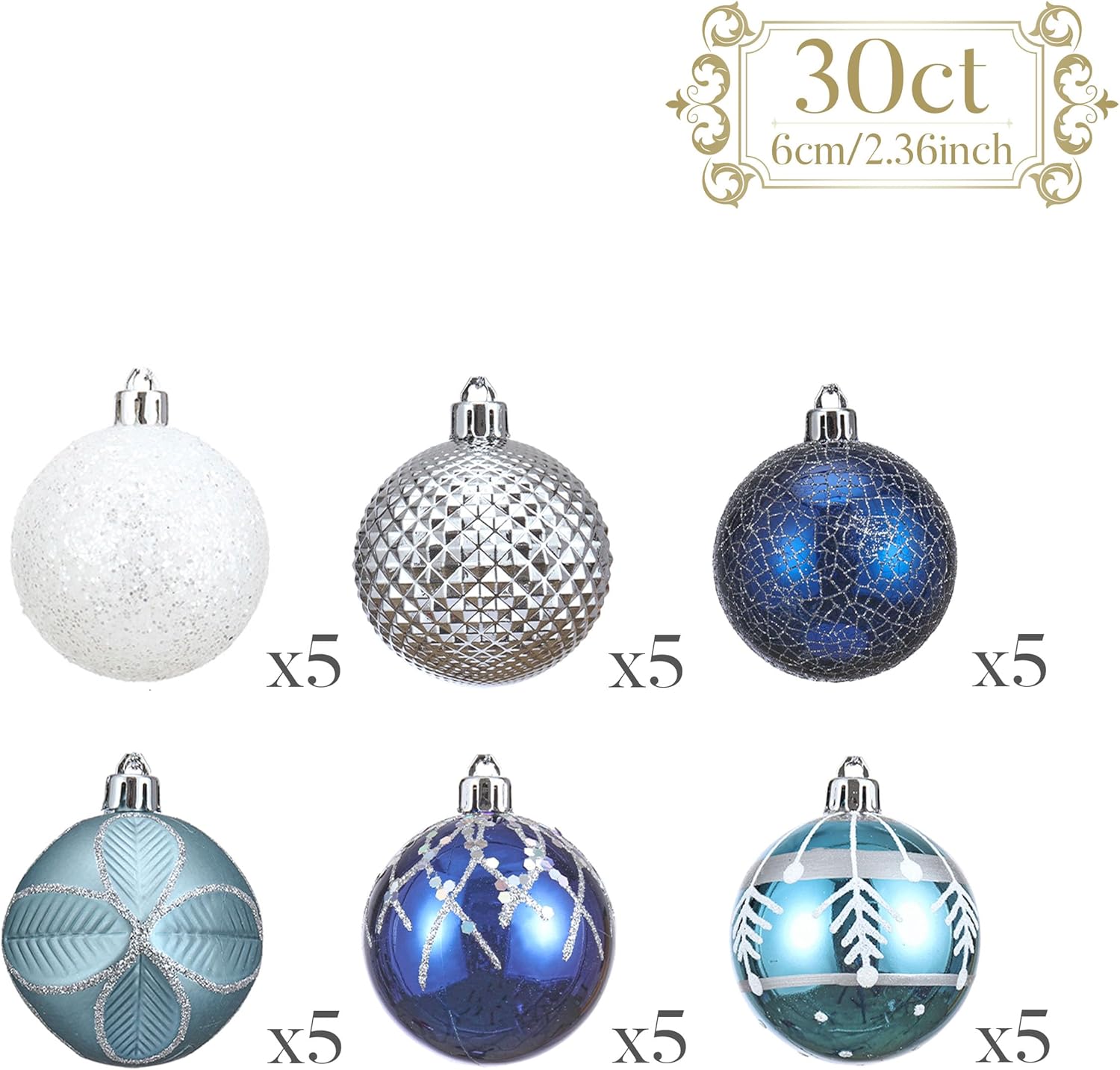Valery Madelyn Christmas Ornaments Set, 30ct Navy Blue and Silver Shatterproof Christmas Tree Decorations Ball Ornaments&Lighted Christmas Angel Tree Topper with Timer