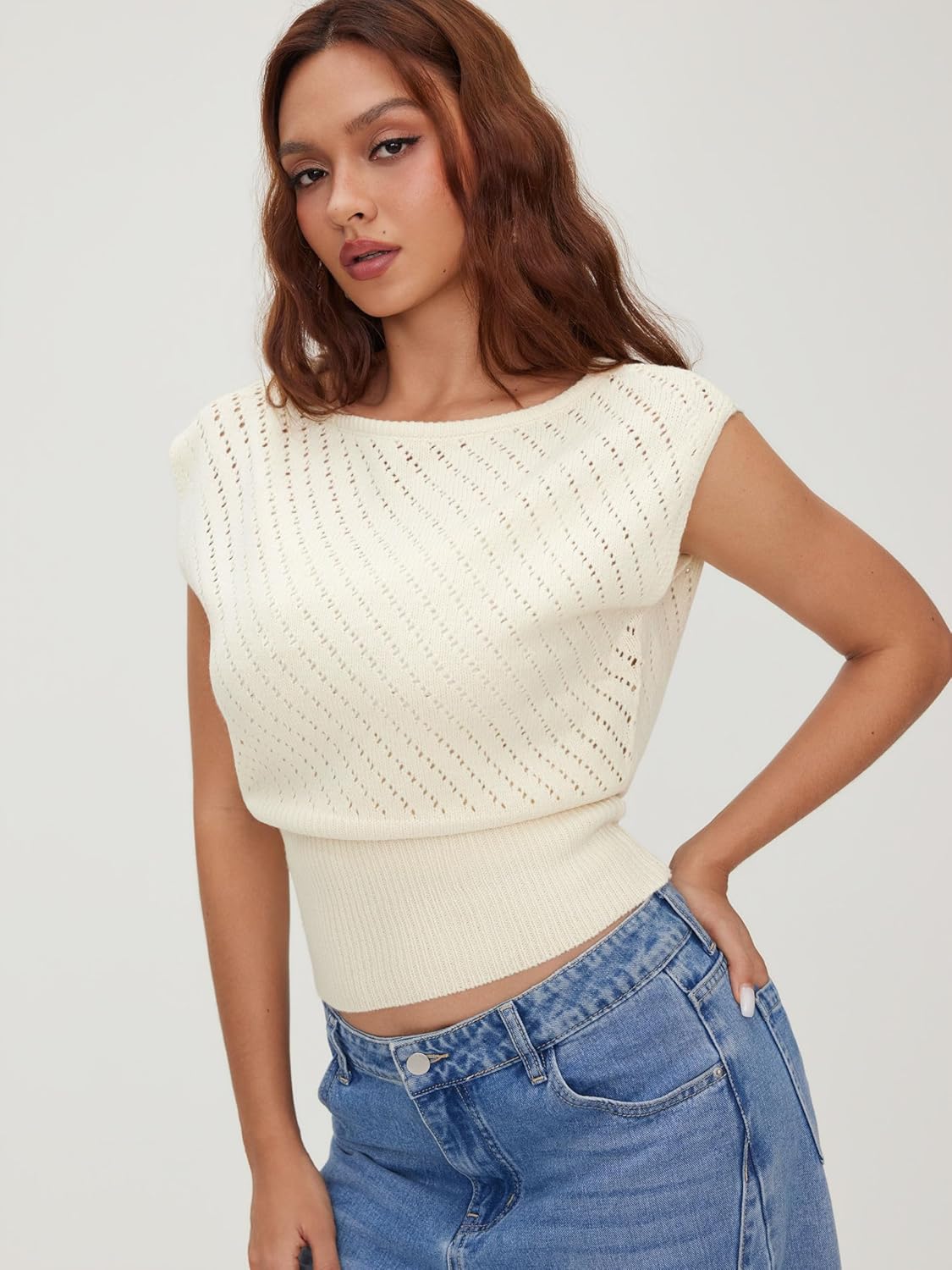 CIDER Summer Short Sleeve Sweater Vest for Women Boat Neck Ribbed Knit Cap Sleeve Cut Out Tops Going Out Trendy Tee