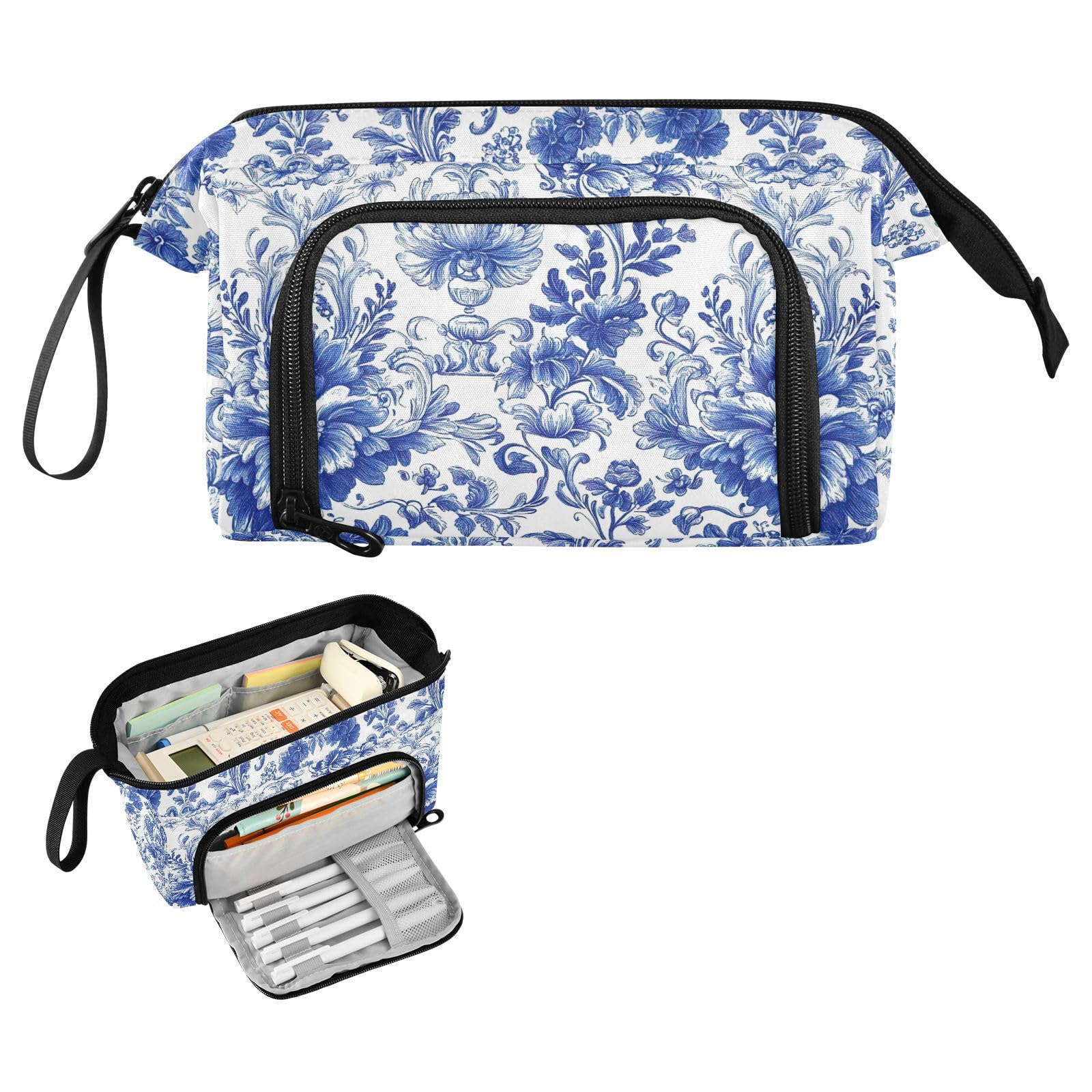 Blue Flowers Big Capacity Pencil Pen Case Large Pencil Pouch