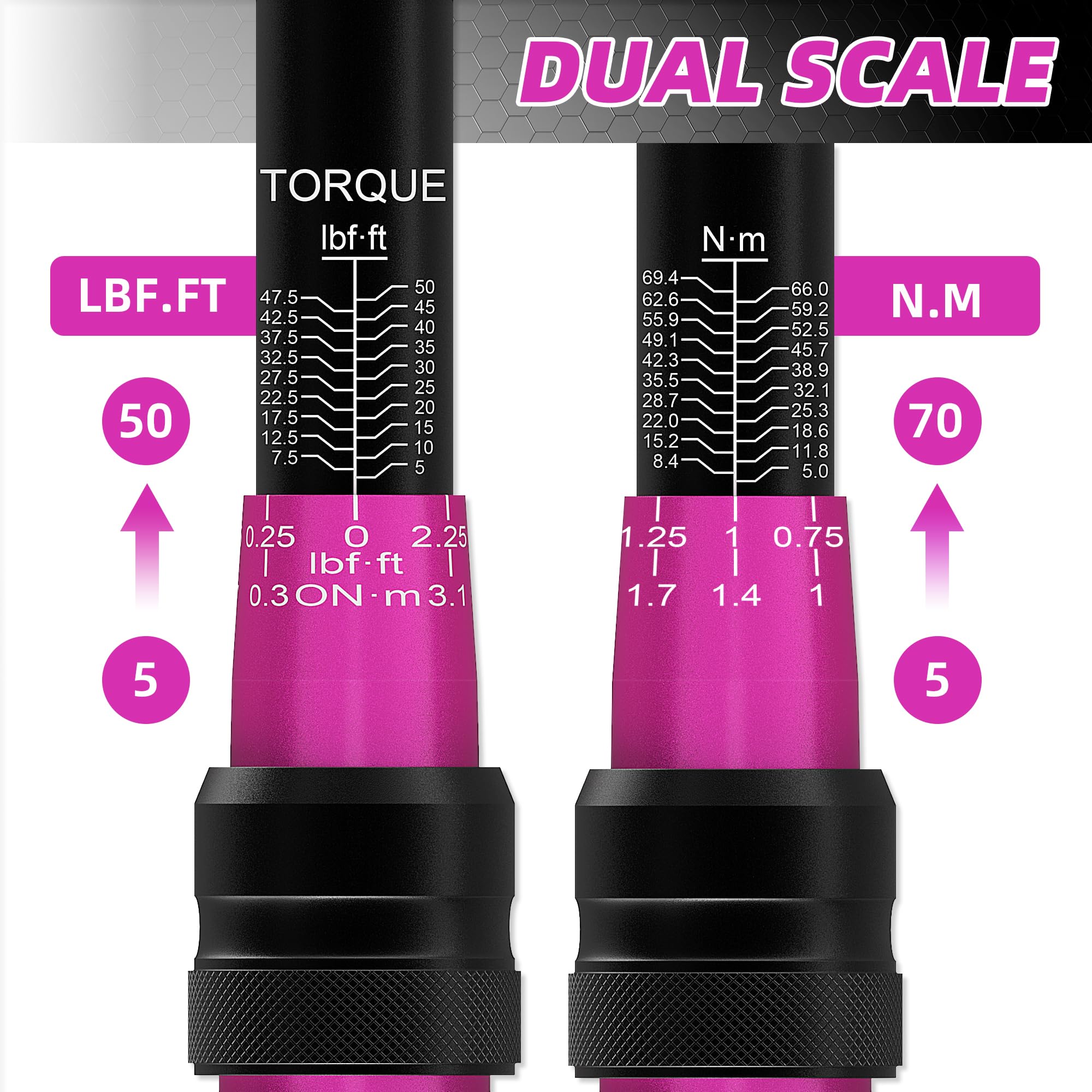 PRIDE&CRAFT Chiave dinamometrica a scatto da 3/8", 3% ad alta precisione regolabile, doppia direzione, 72 denti, 5-50 lbf.ft/6,8-68 Nm, per riparazione di biciclette, moto e auto, rosa nero
