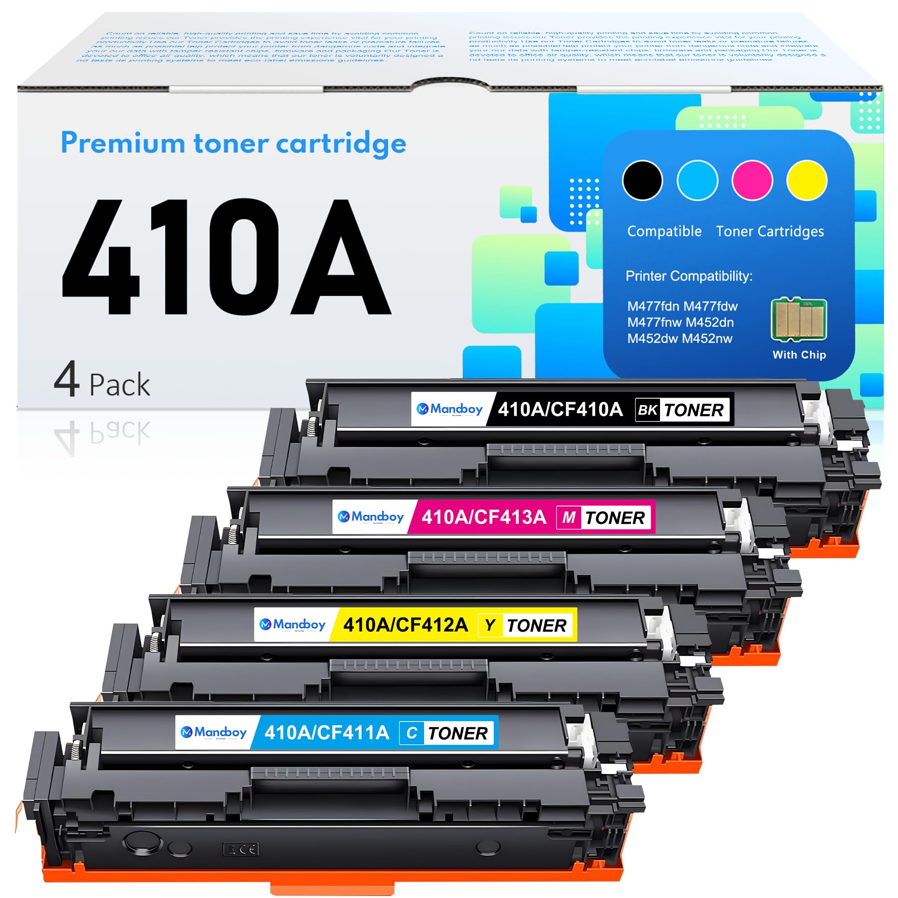 410A Toner Cartridges 4 Pack High Yield (BK/C/M/Y) Replacement for HP 410A Toner Color Laserjet Pro MFP M477fdw M477fdn M477fnw M452dw M452dn M452nw