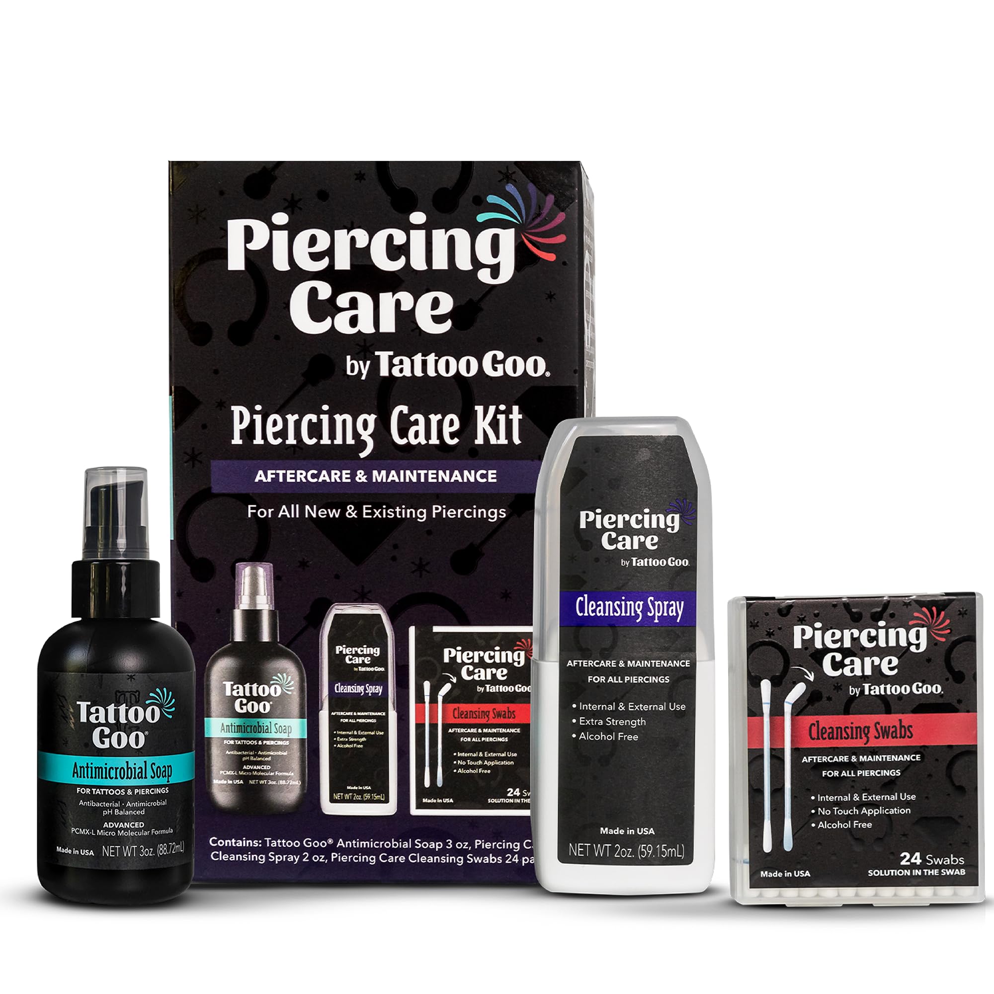 Tattoo Goo Piercing Care Kit, 3-Piece Set with Cleansing Soap, Cleansing Spray & Medicated Swabs, Aftercare for Clean and Comfortable Dermal & Oral