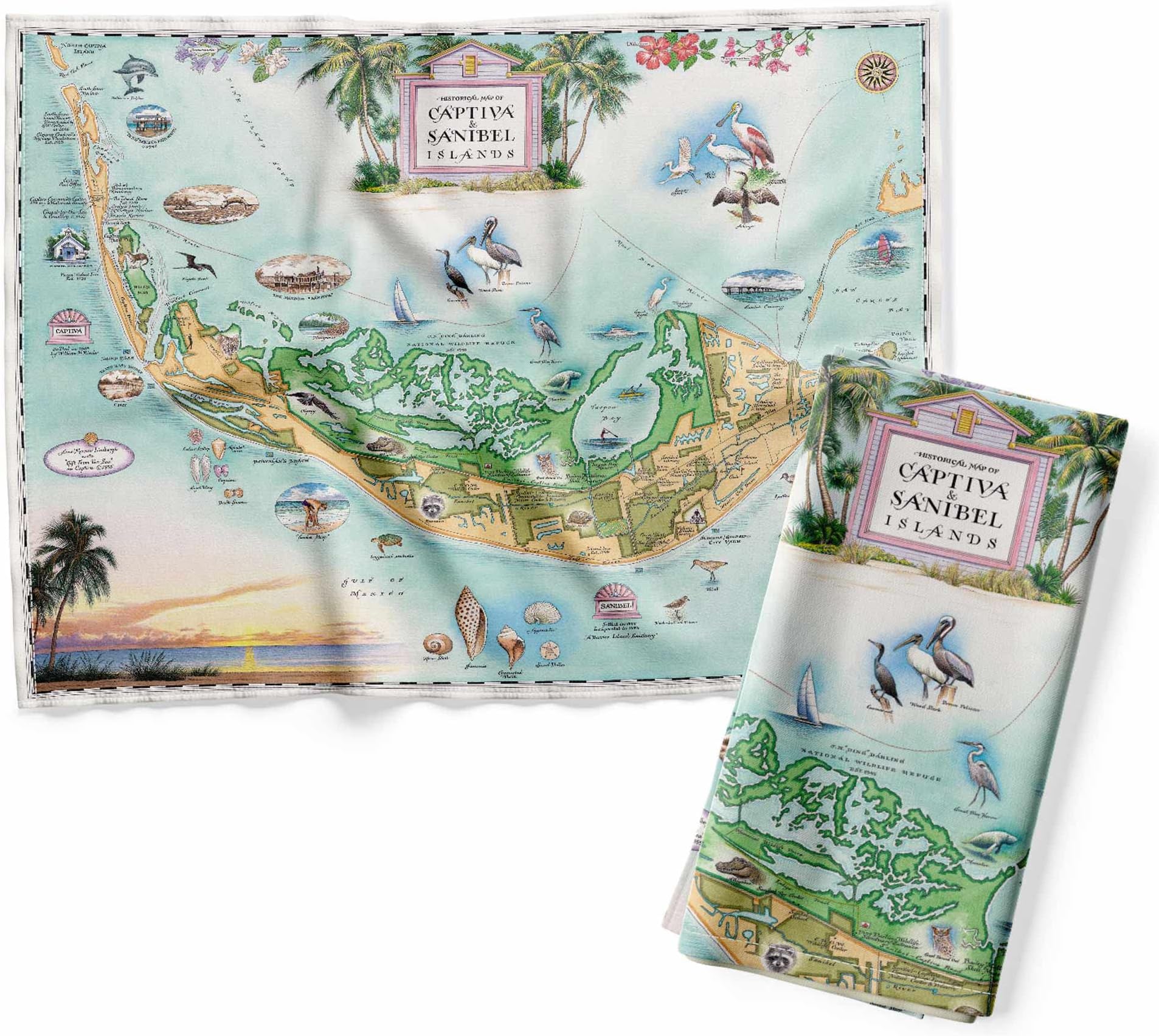 Sanibel & Captiva Islands Map Decorative Flour Sack Kitchen Tea Towel - 100% Cotton - 18" x 24"