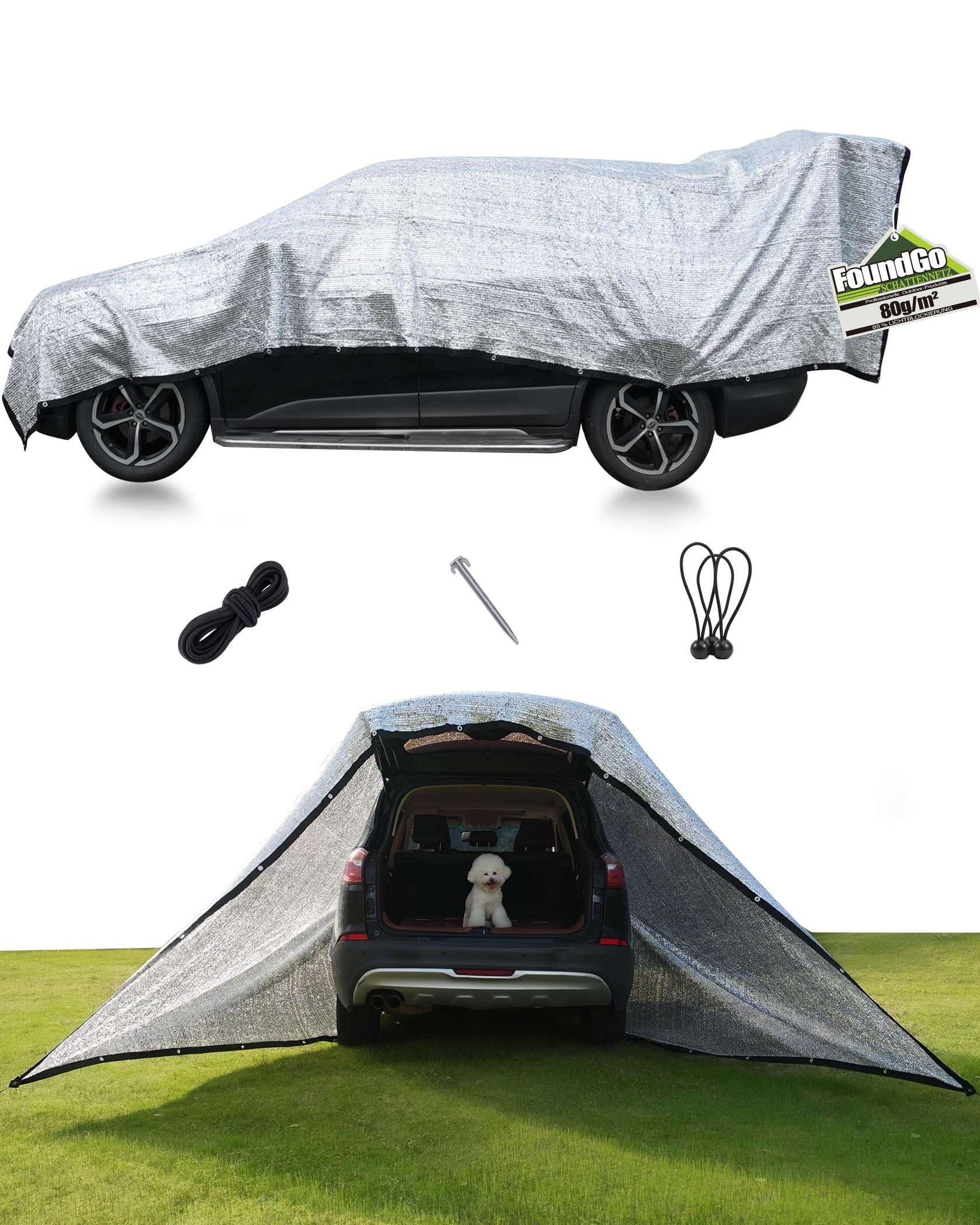 FoundGo Alu Schattennetz Auto Hund 3x4m, 85% UV-Schutz, Aluminium-HDPE Hitzeschutz mit Ösen, Luftdurchlässig & Reflektierend für Camping Sonnenschutz, Wohnmobil & Garten mit Zubehör
