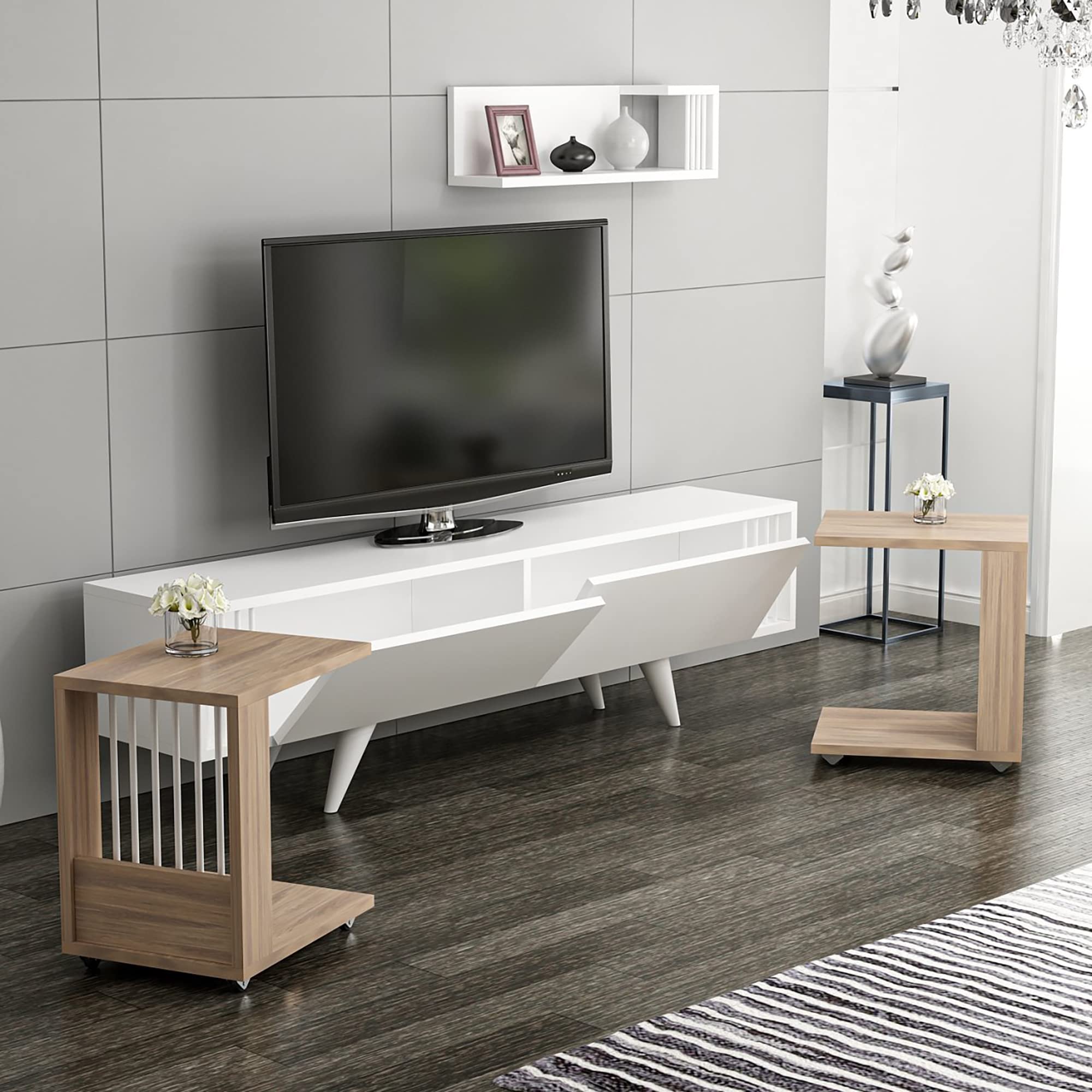 [en.casa] Set di Mobili da Soggiorno Composto di Mensola da Muro, Mobile Porta TV con Ante a Ribalta e 2 Tavolini Laterali - Rovere/Bianco