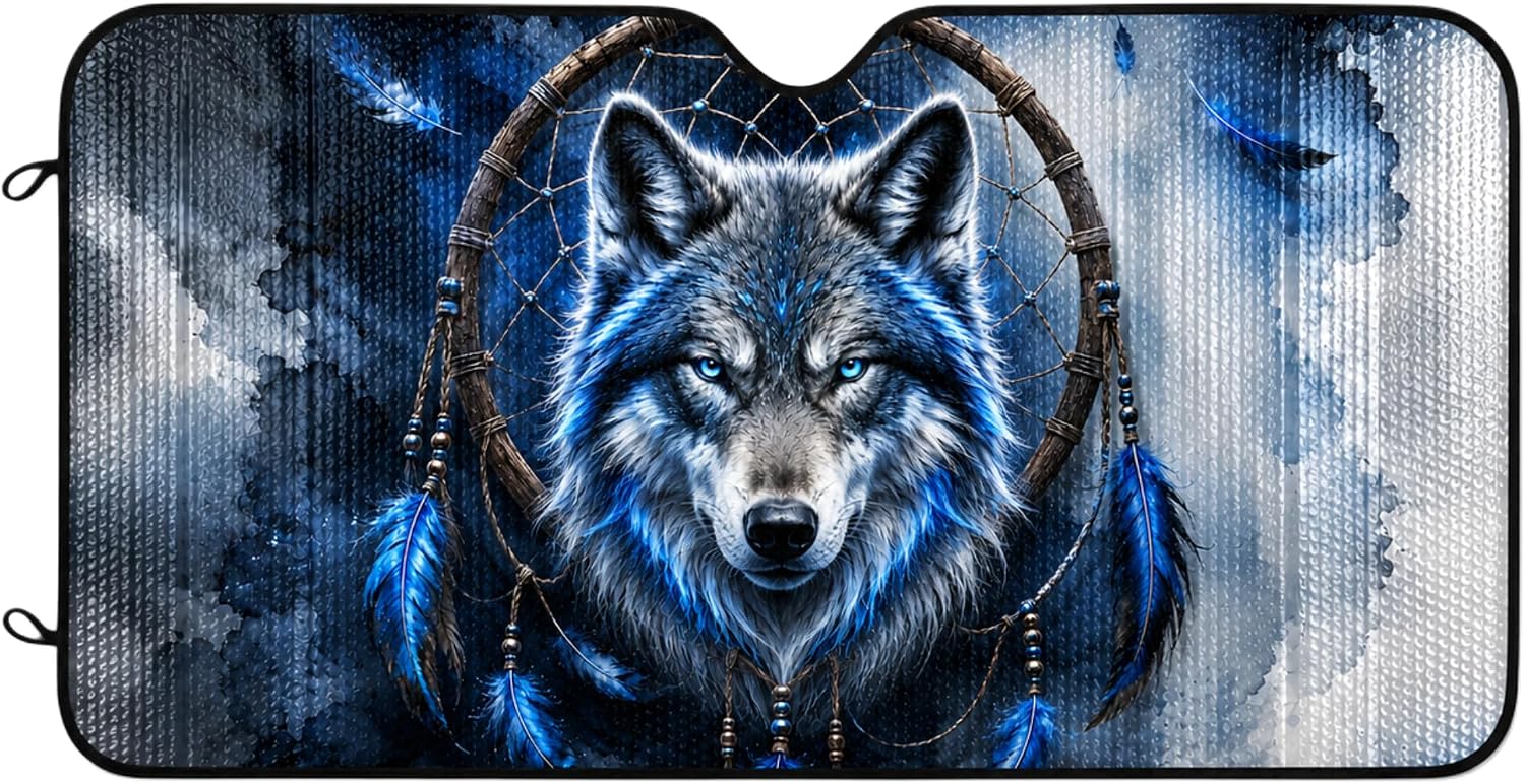 ThangPham Shop Majestic Blue Wolf Car Sunshade, Tribal Inspired Windshield Protector, Nature Themed Vehicle Decor