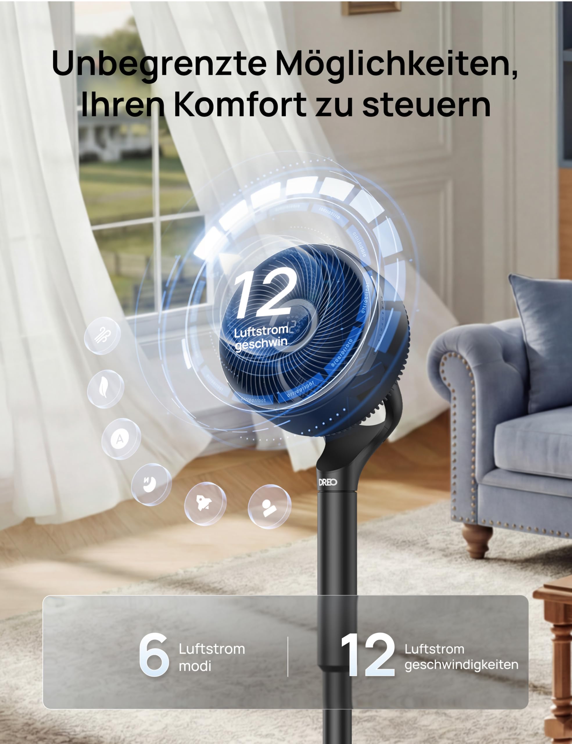 DREO Smart-Ventilator Standventilator 150°+100° Oszillation 36,6 m CirculAir-Reichweite leiser DC-Motor 12 Stufen 6 Modi 20 dB Fernbedienung 12-h-Timer