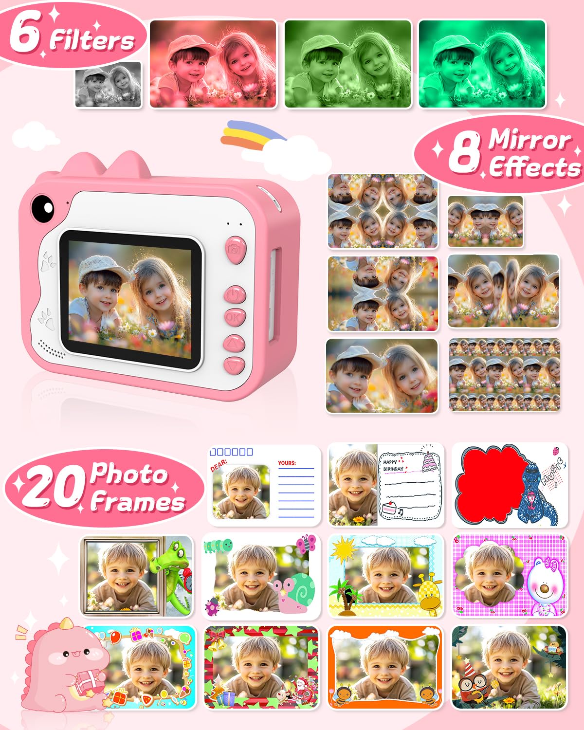 Cámara de impresión instantánea para niños, cámara de impresión instantánea de dinosaurio para niños con video de 1080P, tarjeta SD de 32 GB, 240 fotos, regalos de cumpleaños de Navidad para niños y 4