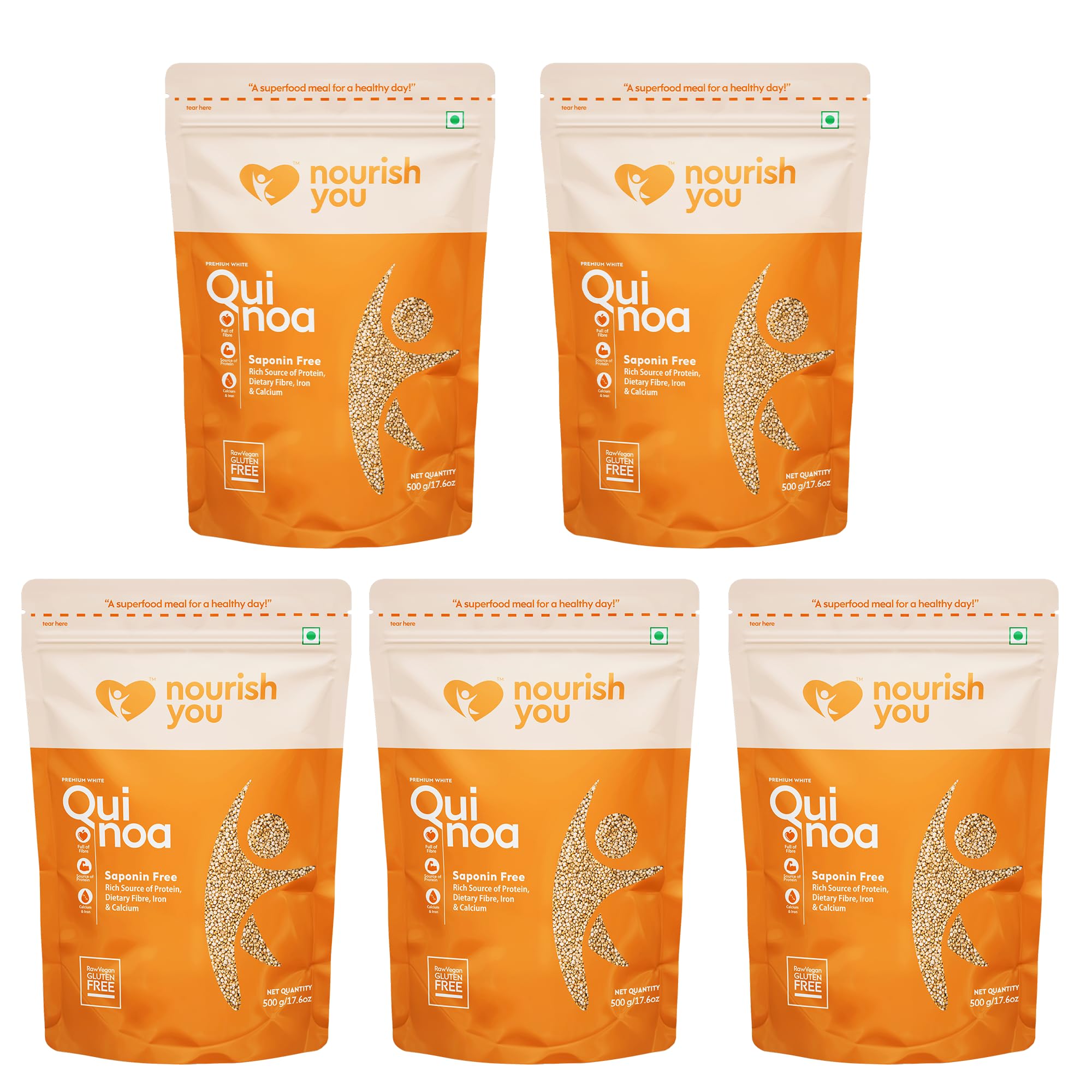 Nourish You Premium White Quinoa 2.5 Kg | Healthy Food | Gluten-Free | Saponin Free | High Protein & Fiber | Diet Food Helps in Weight Loss|100% Wholegrain Cereal | 500g x 5