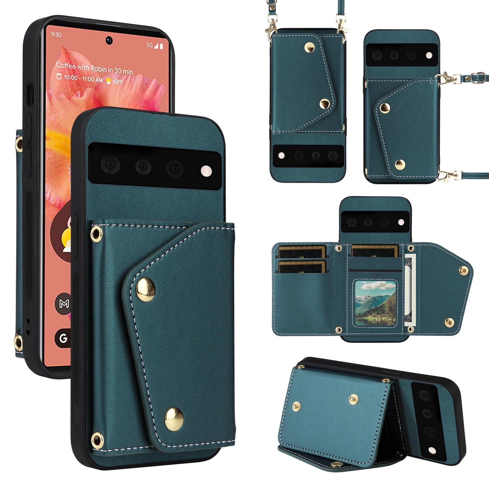 Dibosom Luxury Wallet Case for Google Pixel 6 with 5 Card Slots Thin Slim Flip Purse & Shoulder Strap,PU Leather Credit Card Holder Stand Accessories