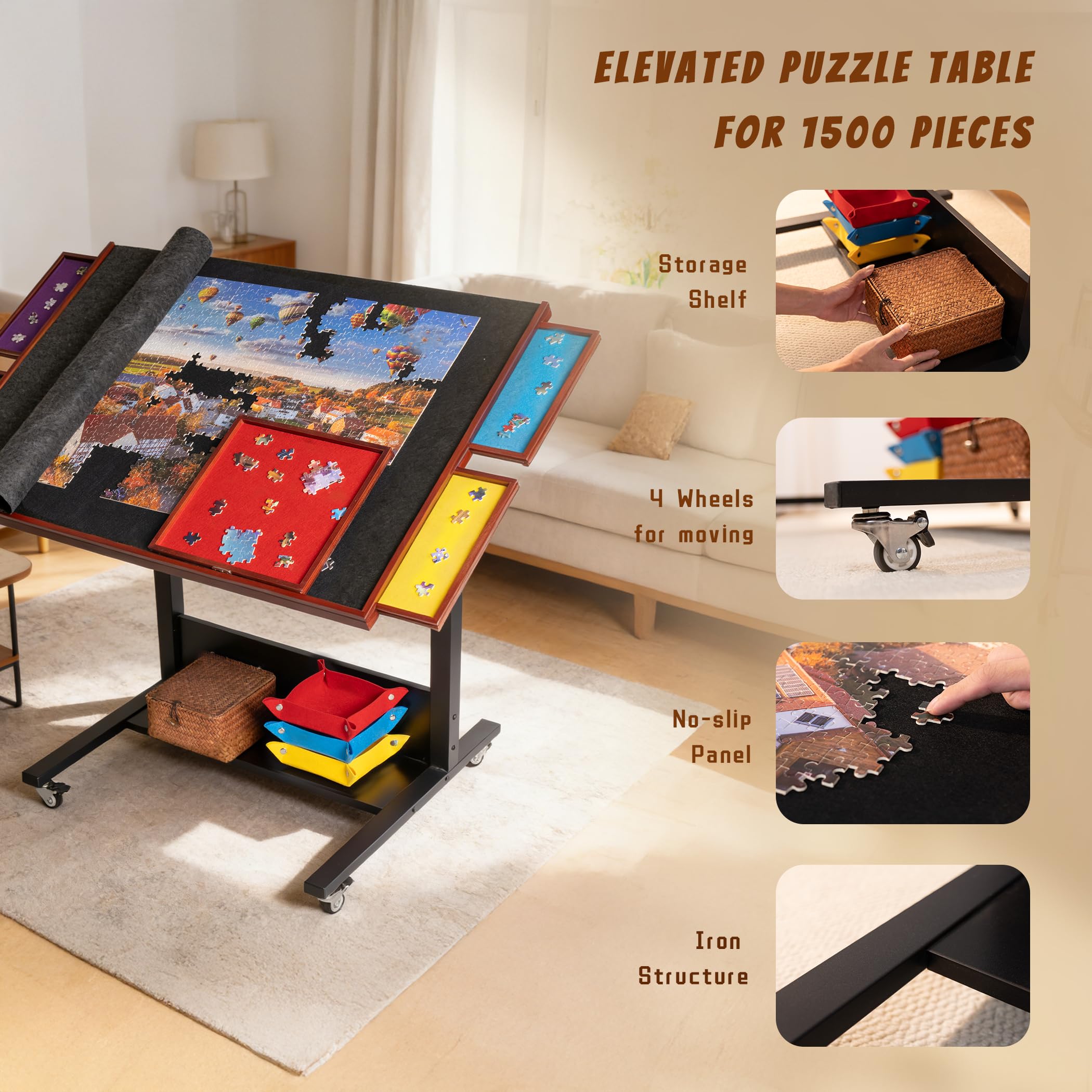 1500 Teile Puzzletisch, Kipptisch/Brett mit Höhenverstellung, 5 farbige Sortierschalen mit staubabweisender Filzabdeckung, geschlossen mit 4 Rollen, 1500 Teile