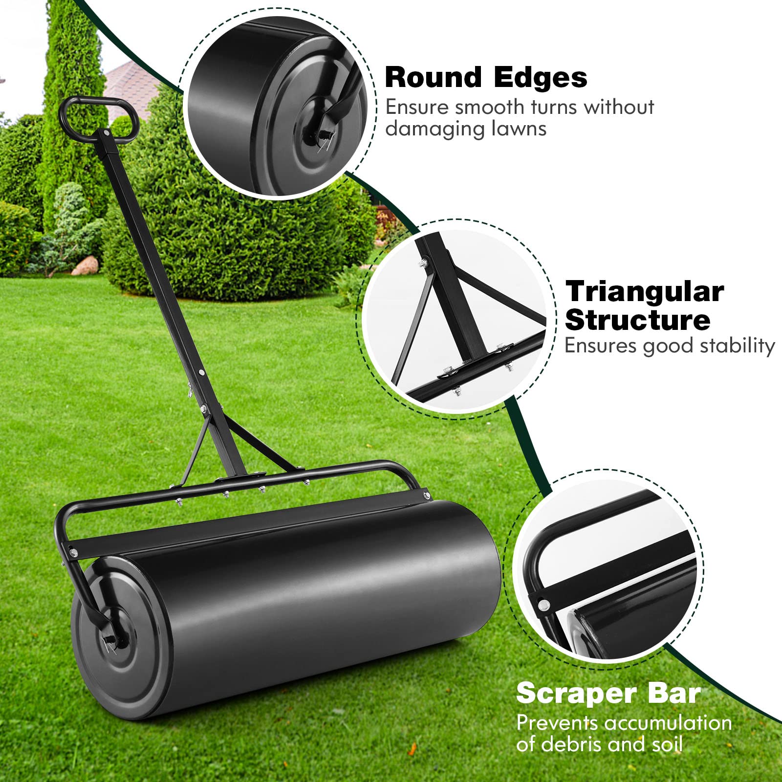 Rodillo para césped de jardín de 48L/60L/63L, Herramienta de Empuje de Gran Capacidad para césped, Tambor Resistente y desagüe extraíble, se Puede llenar con Agua o Arena, Acero galvanizado