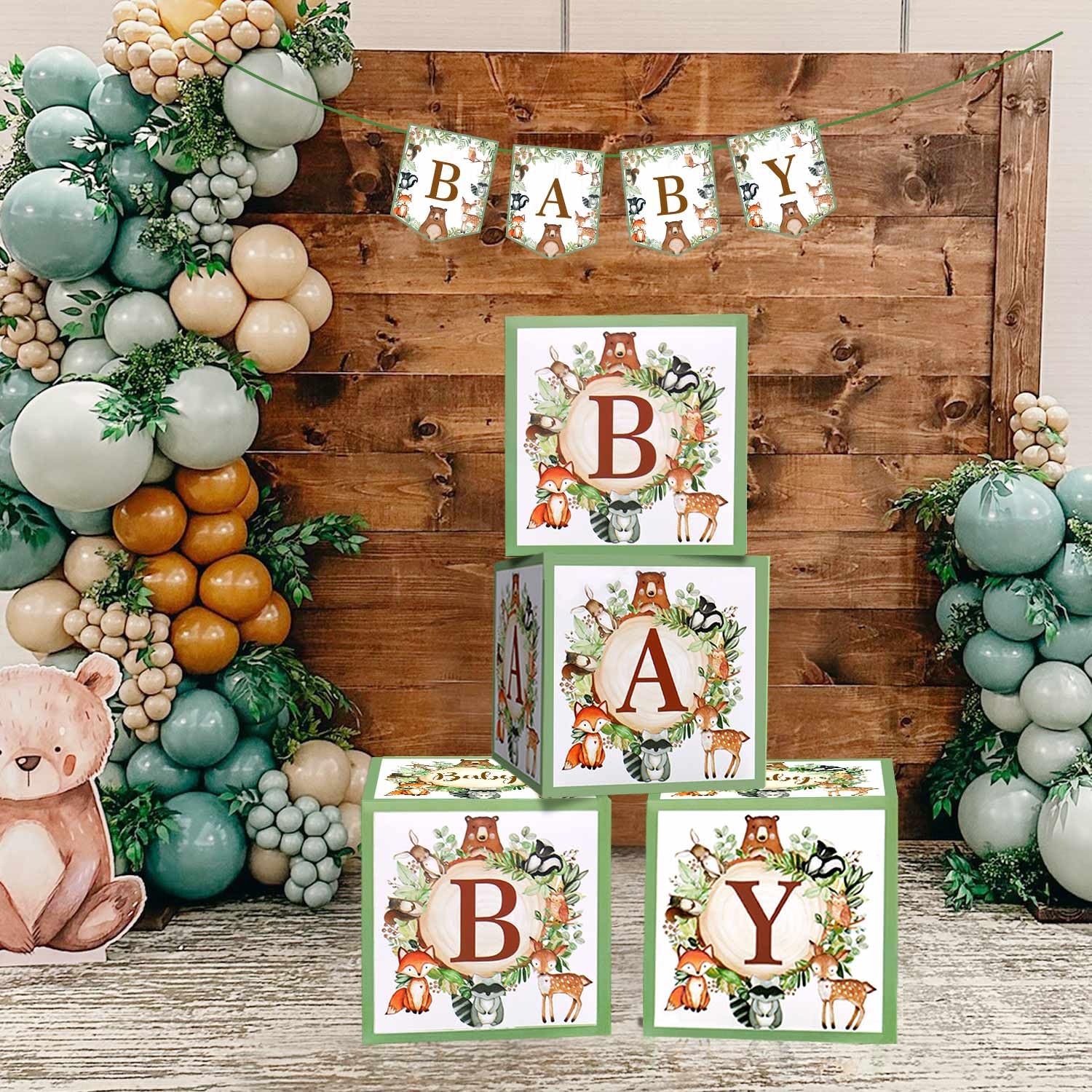 Lopeastar Woodland Baby Shower Decorations Boxes Boxes Banner, 4Pcs Large Sage Green Forest Themes Animals Baby Boxes with Letters for Baby Shower Photo Props