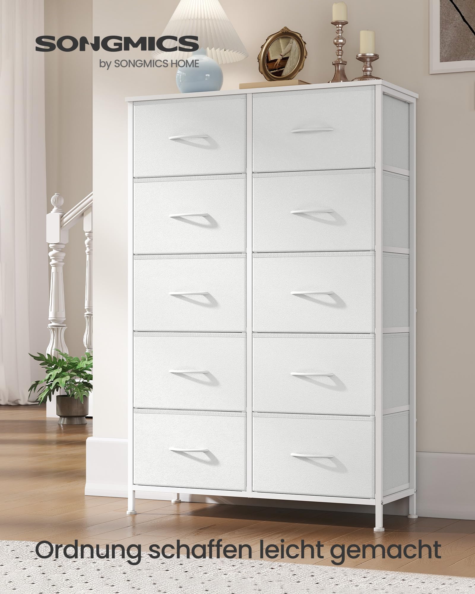 SONGMICS BELLAH Kollektion - Kommode, Schrank, Aufbewahrungsschrank, für Schlafzimmer, Flur, Wohnzimmer, Stahl, 10 Schubladen, modern, wolkenweiß-schneeweiß LGS125WH01
