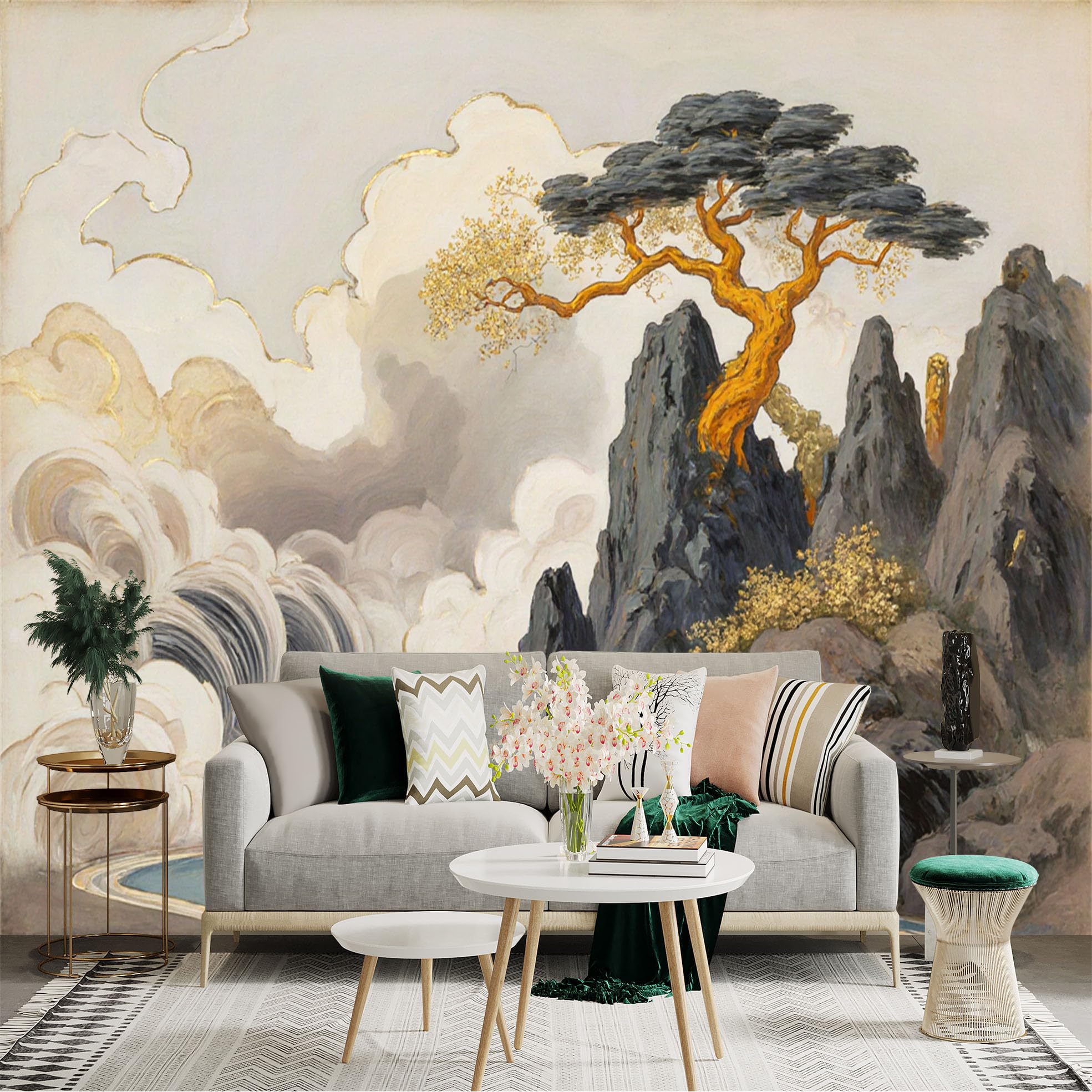 Lnzczhyre Xc260505933 Custom Size Wall Sticker Mural， Golden Pine Tree， Majestic Rocky Peaks， Ethereal Rolling Clouds， Serene River Scenery， For Wall Decoration， Peelandstick Wall Decals.