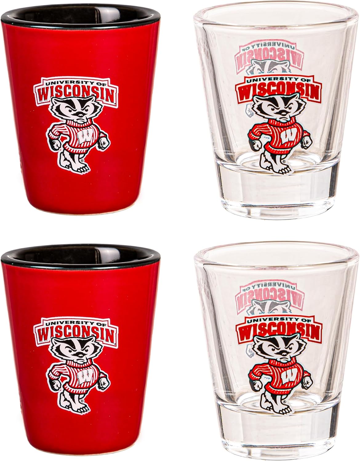 NCAA University of Wisconsin-Madison Shot Glass Gift Set – 4-Piece 2oz Ceramic & Glass Collector Cups, College Barware for Vodka, Whiskey, Tequila, Espresso, Holiday Christmas Gift for Alumni, Fans