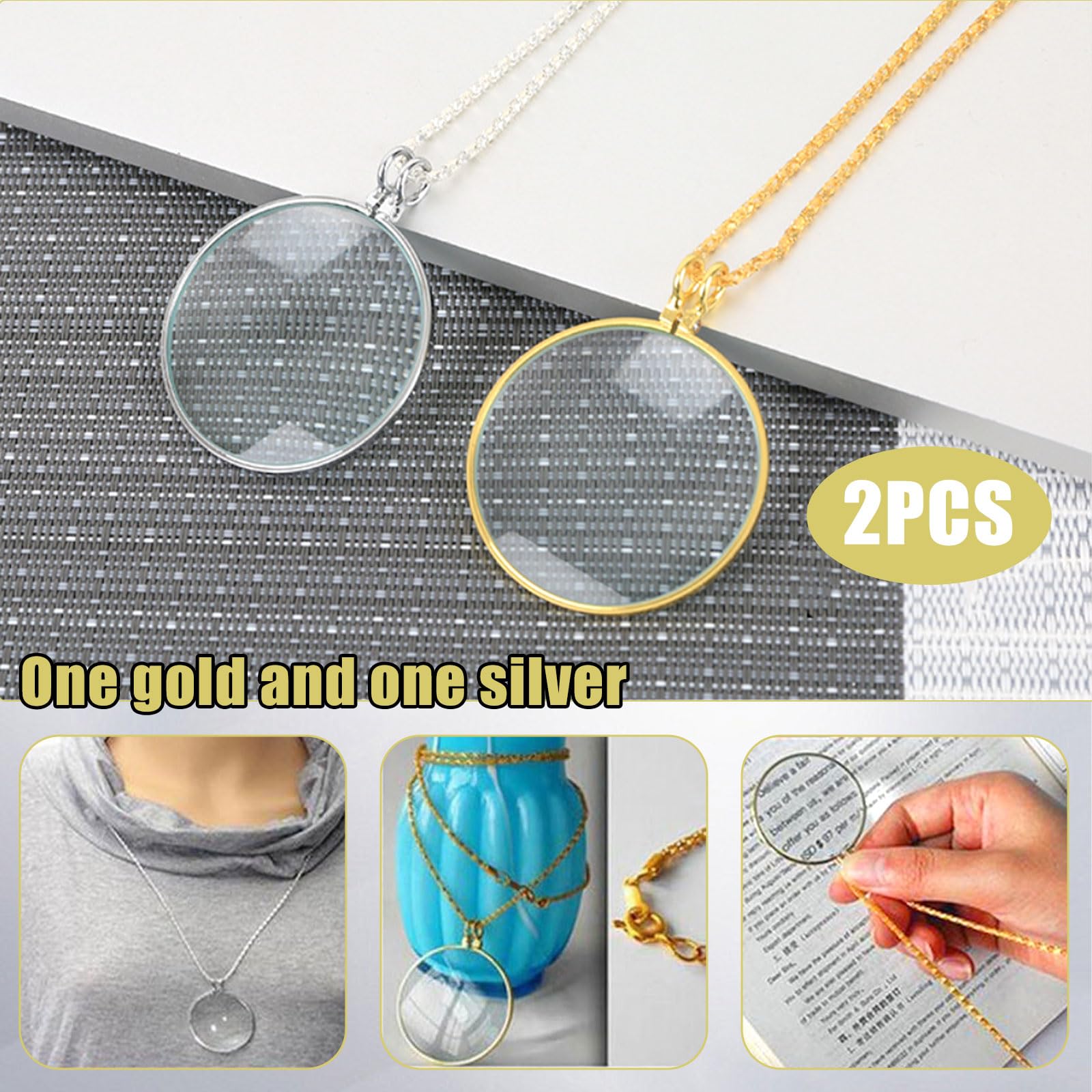 2 Kleuren 5X Vergrootglas Monocle Lens Ketting Vergrootglas op Ketting Vintage Vergrootglas Ketting met 1.7 Inch Diameter Glazen Lens voor Lezen Krant Kaart, Sieraden, Ambachten Handwerk
