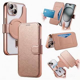 HEPPYENCE分離式 マグネット 手帳型ケース iPhone 用 背面クリア カバー MagSafe対応 RFID磁気防止 カード収納 スタンド機能 メッキ加工 ゴールド(rose gold,iPhone15pro)