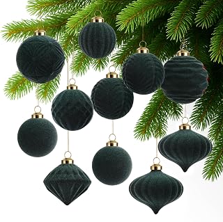 Novabright 35 Pcs Flocked Velvet Christmas Ball Ornaments Set Shatterproof Plastic Xmas Tree Decorations Assorted Decorative Hanging Baubles for Wreath Garland Party Wedding Decor(Dark Green)