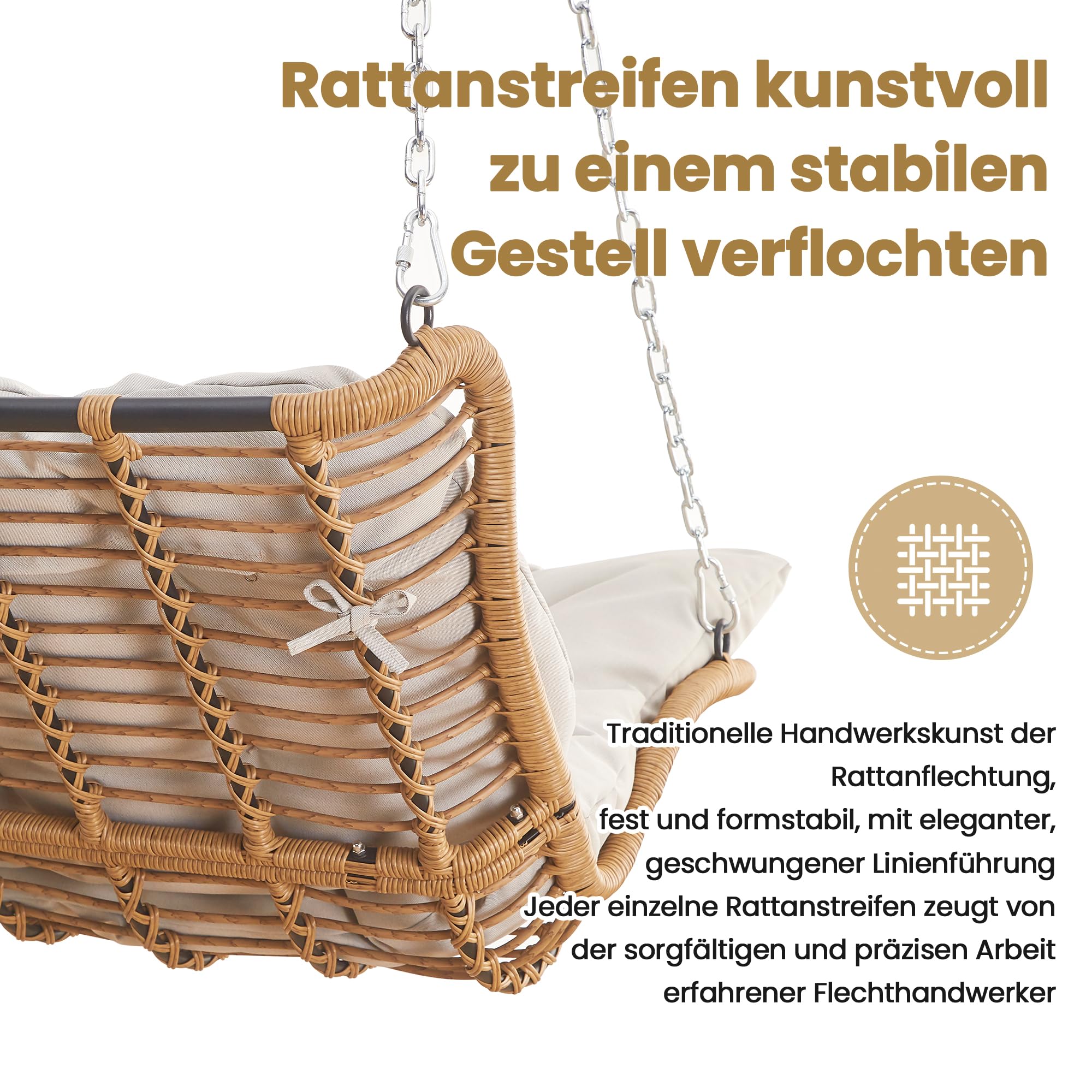 PE-Rattan-Schaukel-Doppelsitz, Hängeschaukel für den Garten im Freien, mit Kissen und 2 Ketten, ohne Rahmen, Kissen sind abnehmbar und waschbar
