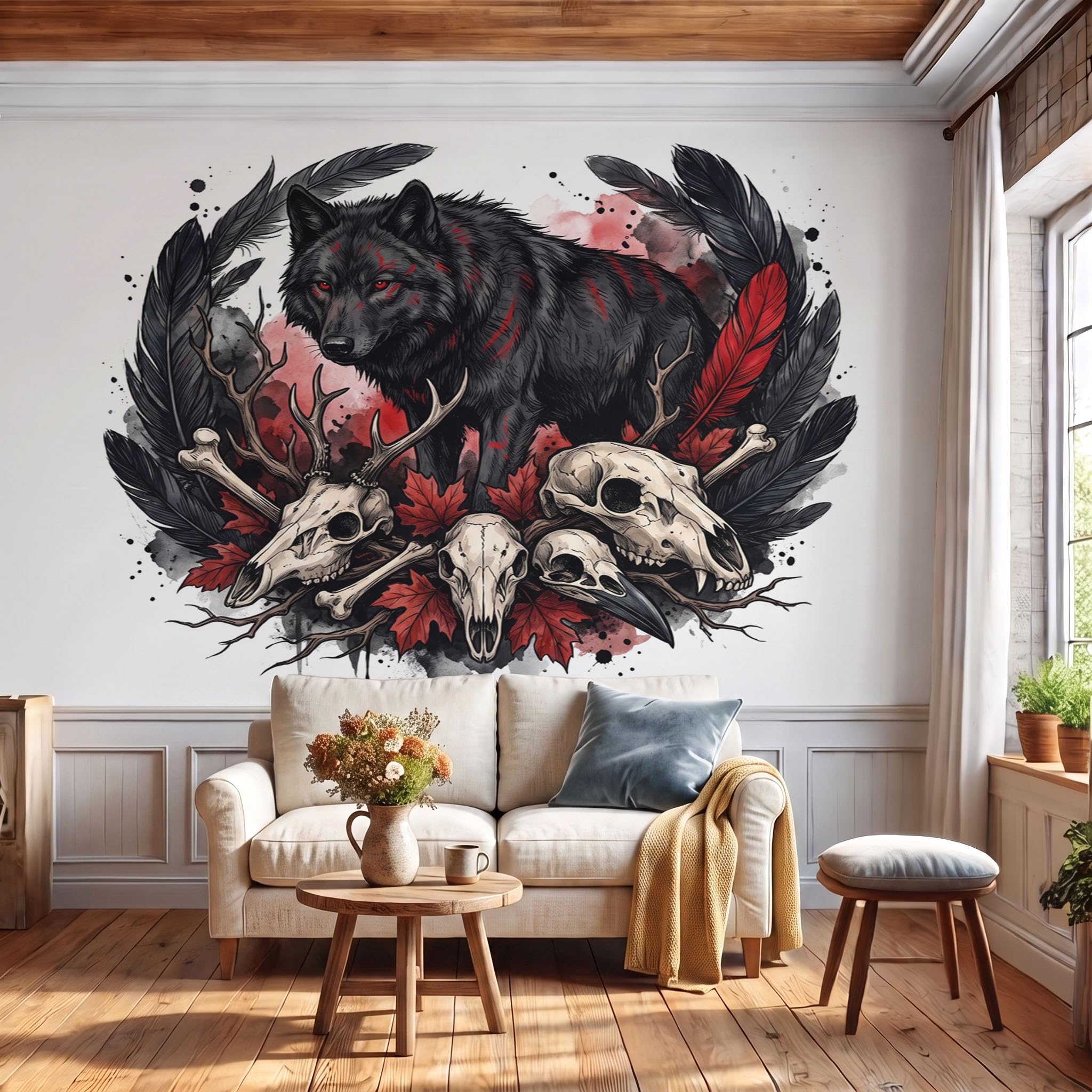 Carta da parati fotografica Totem animali oscuri Murale stile Piume teschio lupo nero | 400x280cm (LxA) Poster grande per soggiorno camera da letto sfondo TV parete decorazione casa