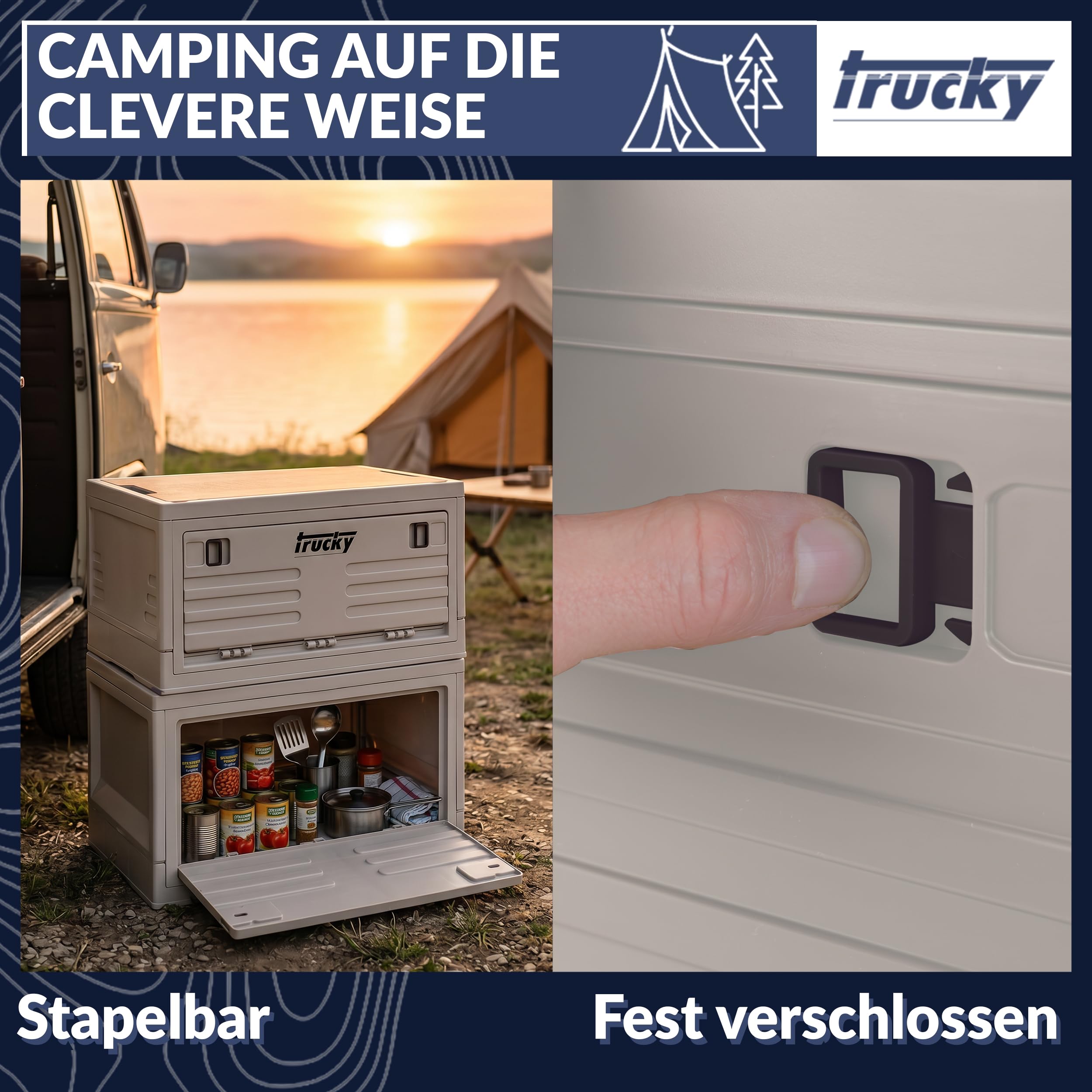 Trucky Caja de almacenamiento con tapa, juego de 2 unidades, 35 L, 48 x 30 x 24 cm, camping, caja plegable, caja de almacenamiento con tapa, plegable, color beige