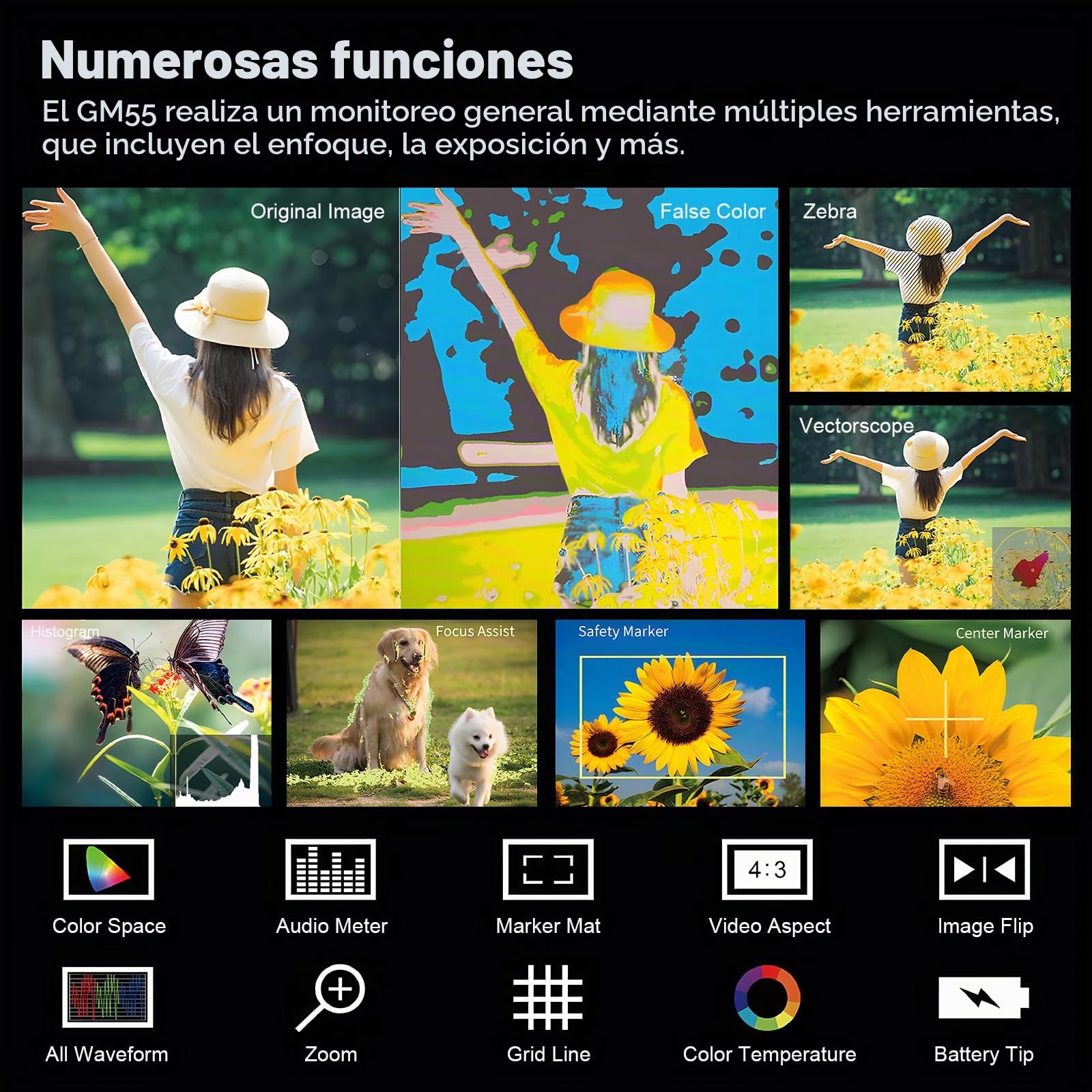 Godox GM55 4K Táctil Cámara Monito 5,5 Pulgadas Externo Monitor 410nit 1920x1080 IPS HDMI 3D LUT con LUT 3D NP-F550 Batería Parasol para Microslr&DSLR para Canon Nikon Sony