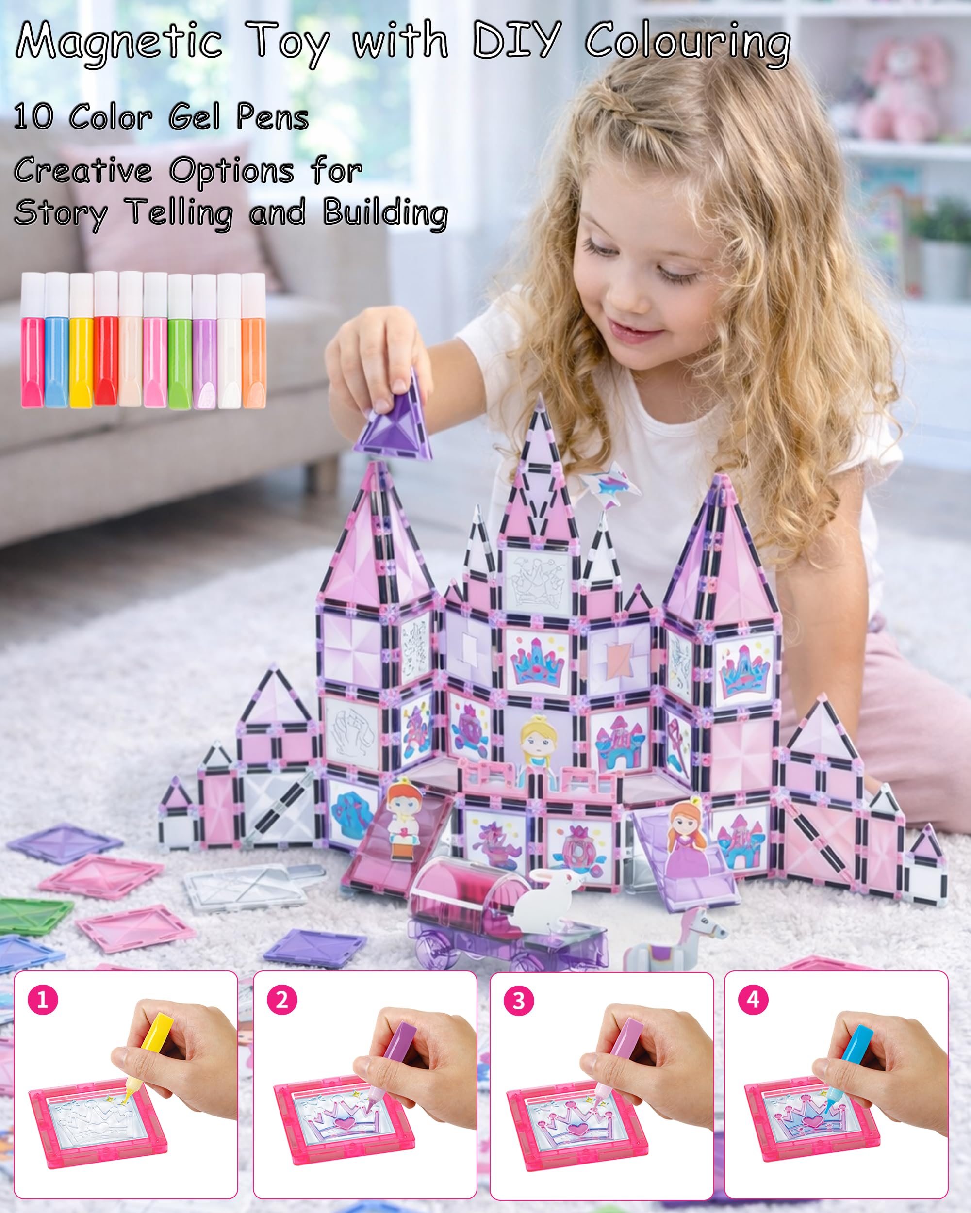 Piastrelle magnetiche in rosa, set da 126 pezzi, piastrelle magnetiche con matite e adesivi fai da te, giocattolo educativo STEM per bambini dai 3 anni in su