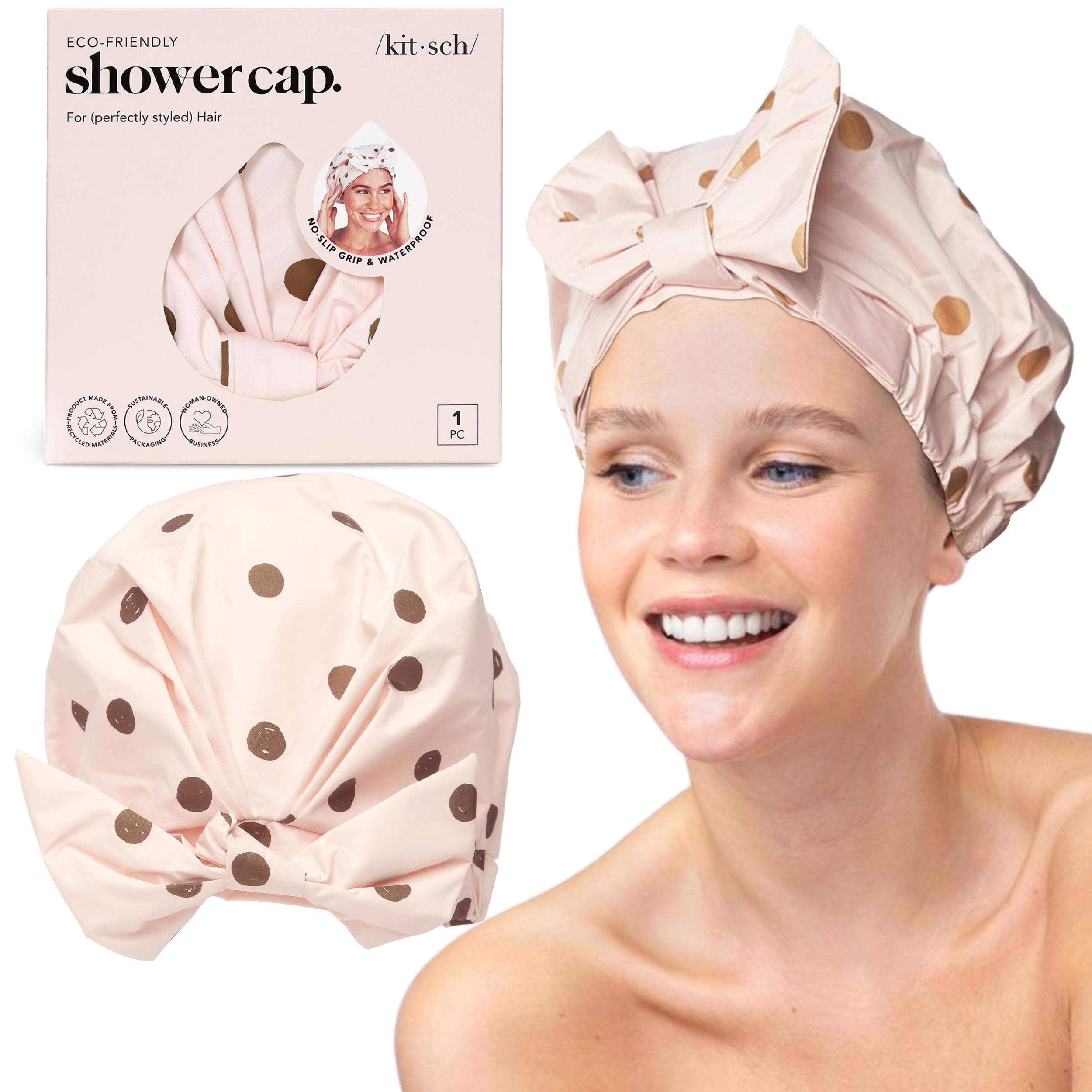 Kitsch Luxury Reusable Shower Cap for Women - Waterproof and Fashionable for Long and Curly Hair - Adjustable Elastic Band Bonnet (Blush Dot)
