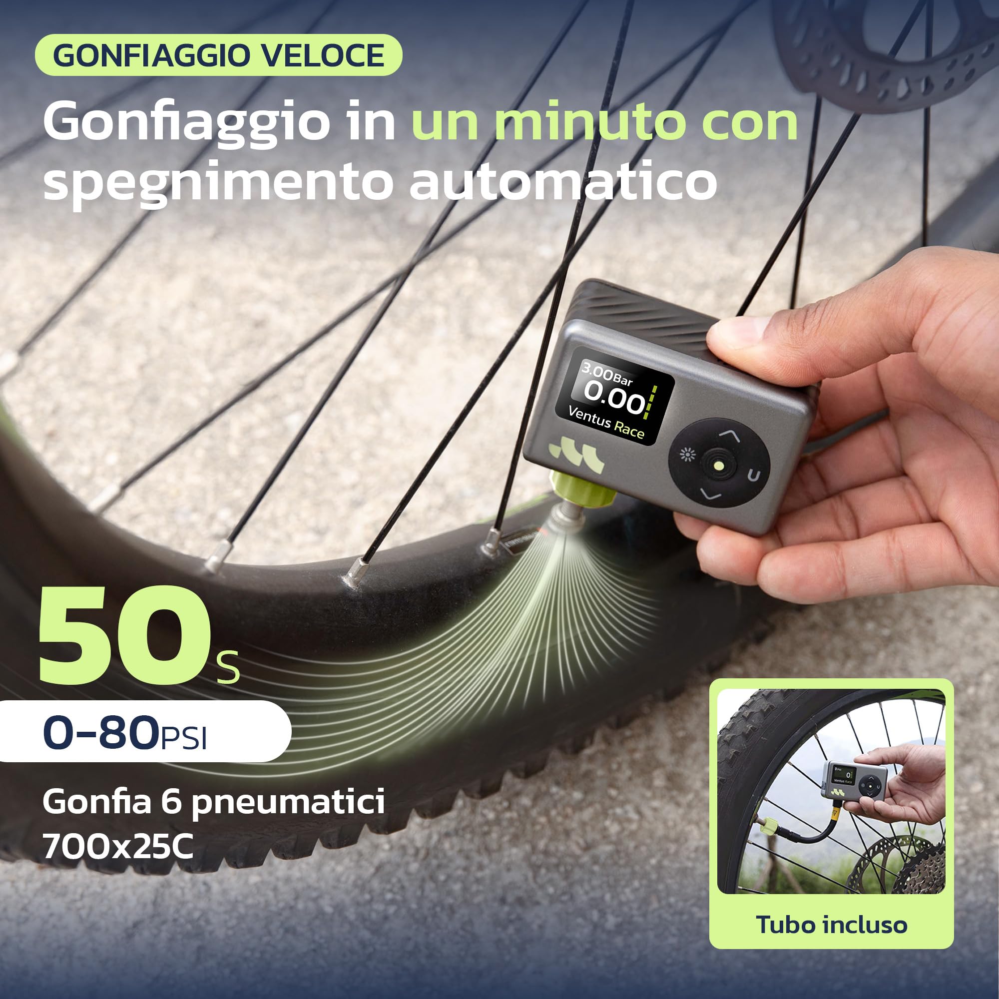 Woowind Pompa Per Bicicletta con Manometro Digitale, 120 PSI, Ricaricabile - Per Biciclette da Strada, Mountain Bike, Palloni Sportivi - Compatibile con Valvole Schrader e Presta