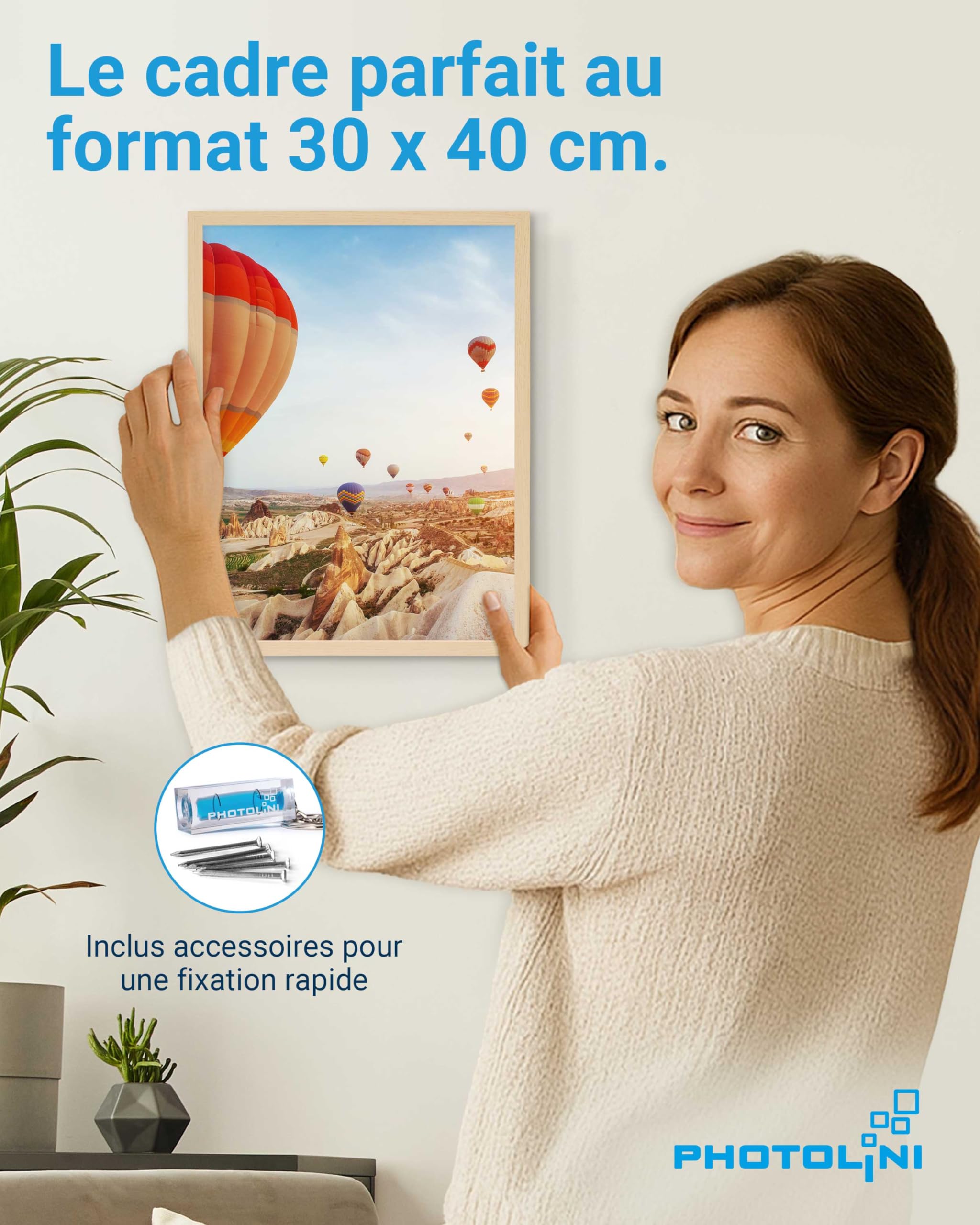 PHOTOLINI Cadre 30 x 40 bois MDF naturel, lot de 3 cadres photo 30x40 pour posters, picture frame 40x30, verre acrylique incassable, décoration murale à suspendre, avec accessoires supplémentaires