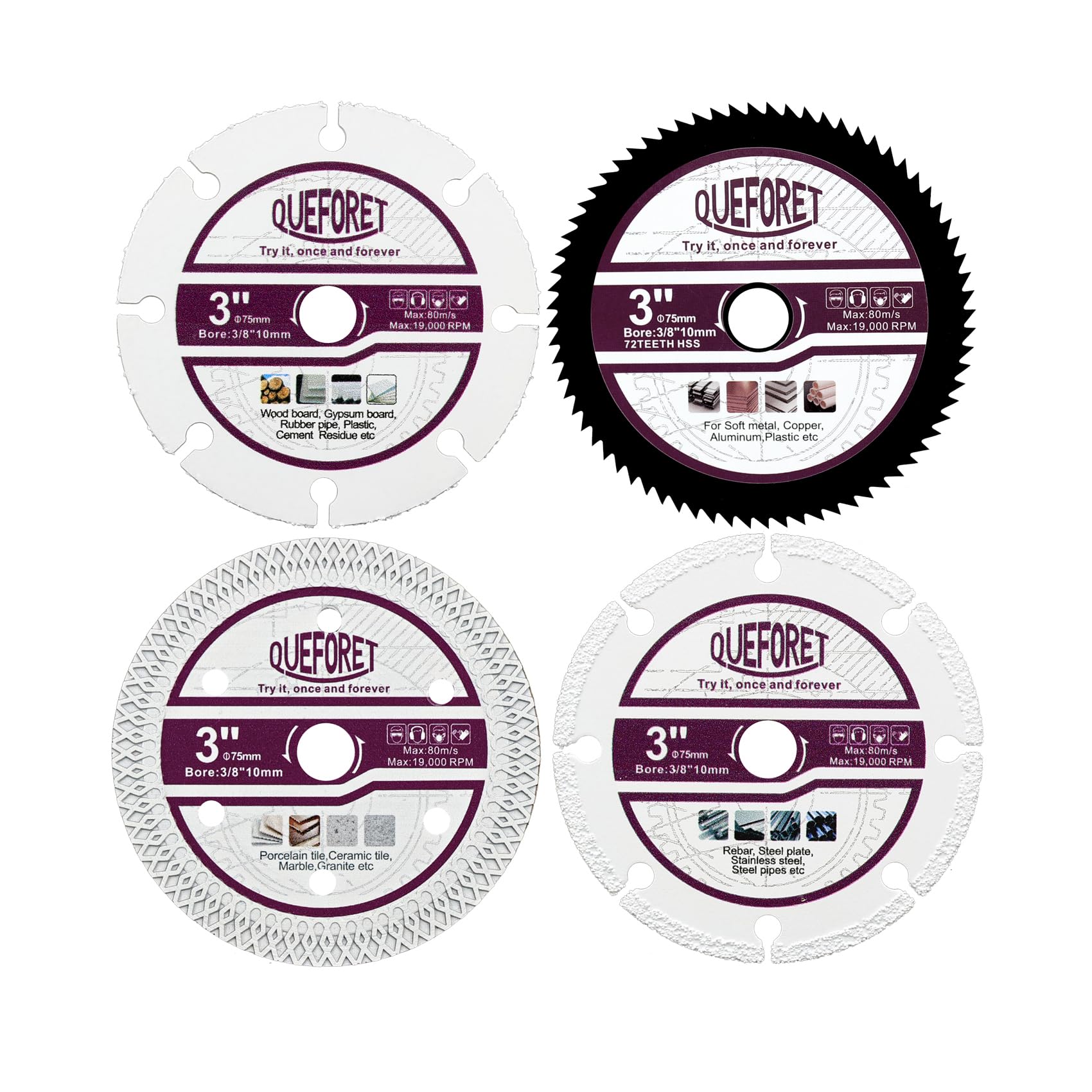 QUEFORET 3 Inch (75mm) Saw Blades Set 4pcs - Carbide Blade for Wood Rubber, HSS Blade for Soft Metal, Diamond Tile Saw Blade for Ceramic, Diamond