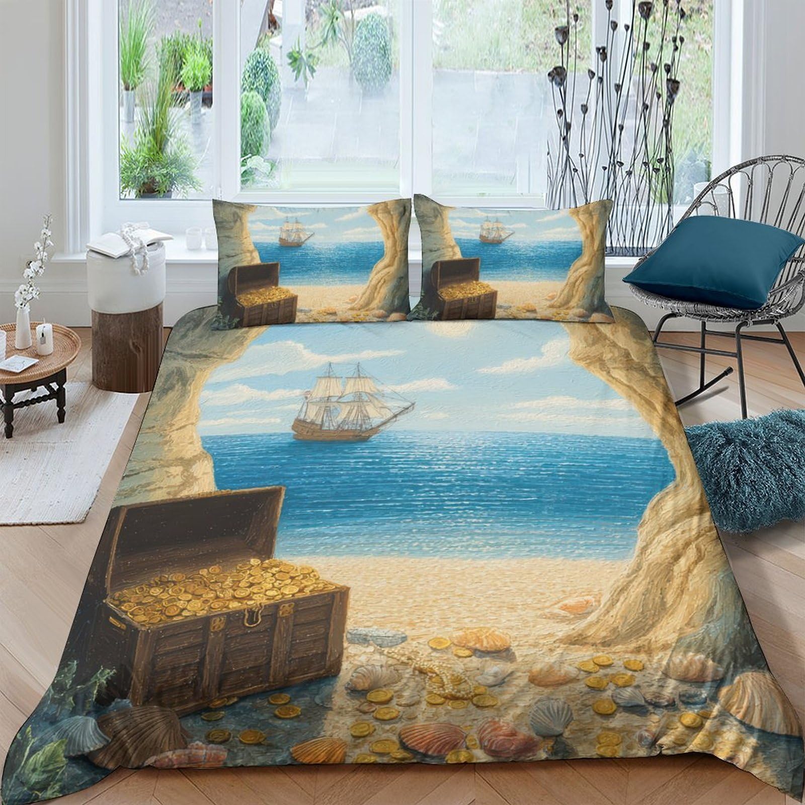 Ctjqhvkz Style-7 3D Printed Treasure Island Fitted Sheet Microfiber Ocean Beach Mattress Cover With Pirate Chest Design For Bedroom Dorm Decor Single（135X200cm）